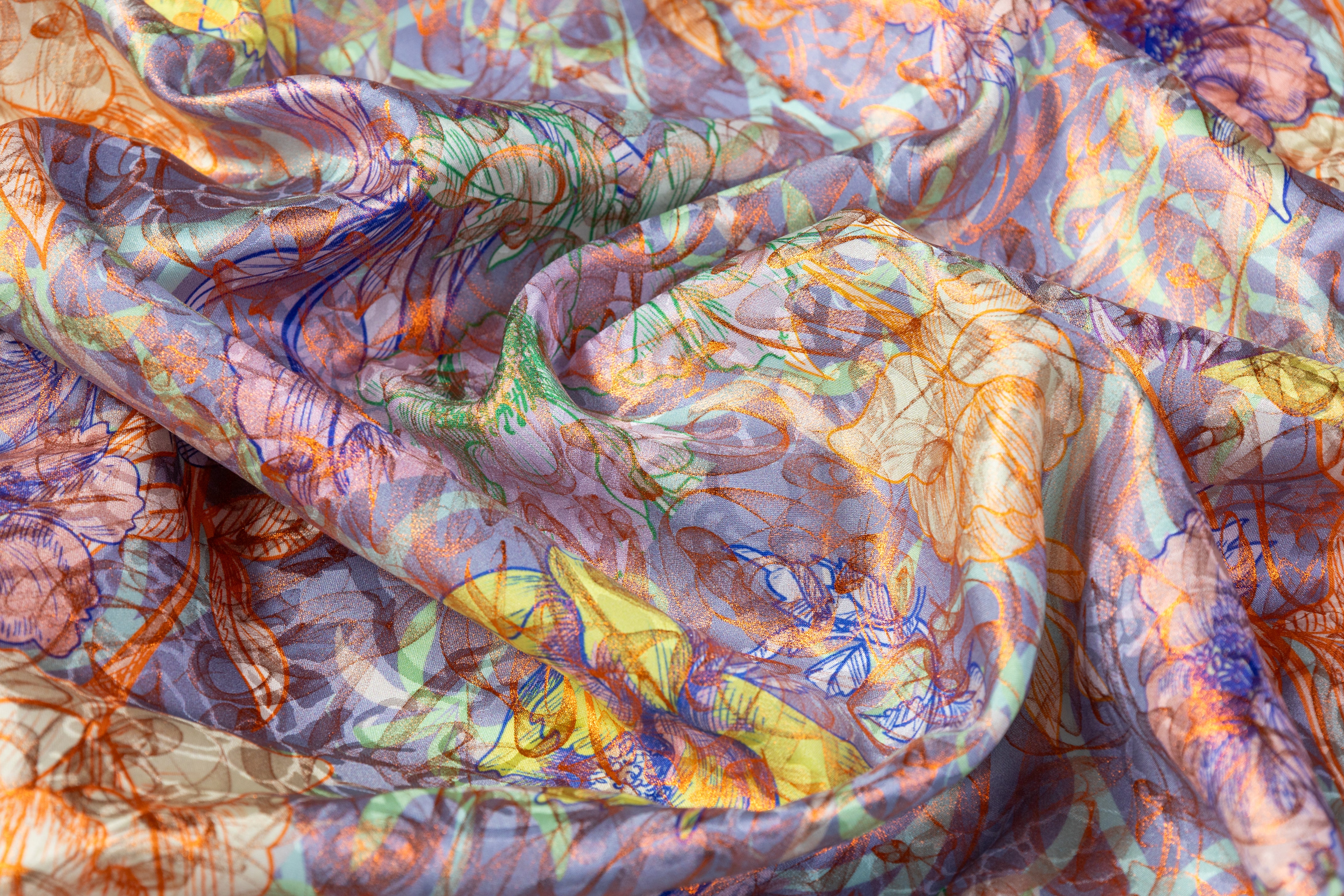 Laminated and Printed Italian Silk Jacquard - Multicolor / Orange