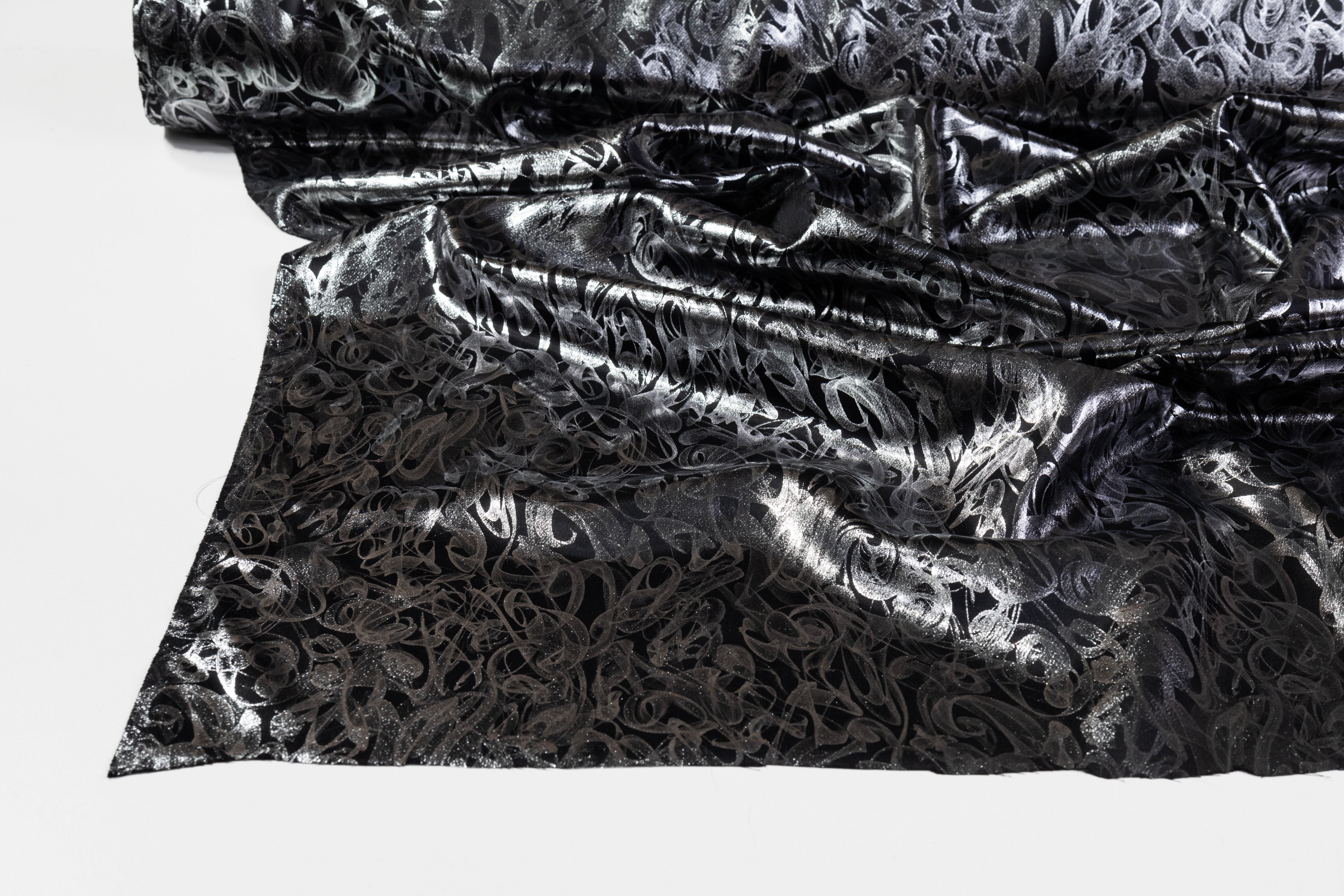 Abstract Laminated Italian Heavy Silk Charmeuse - Black / Silver