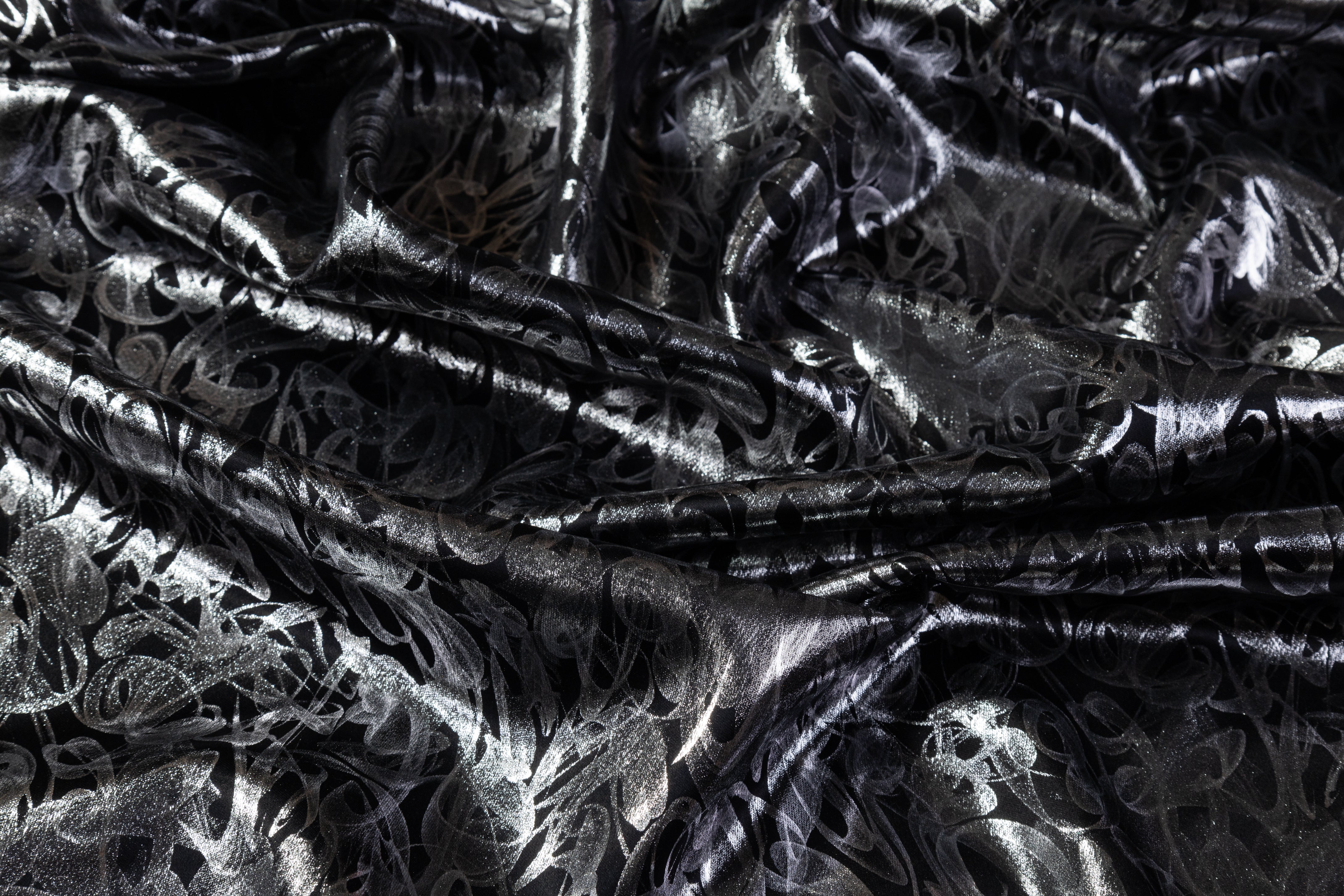 Abstract Laminated Italian Heavy Silk Charmeuse - Black / Silver