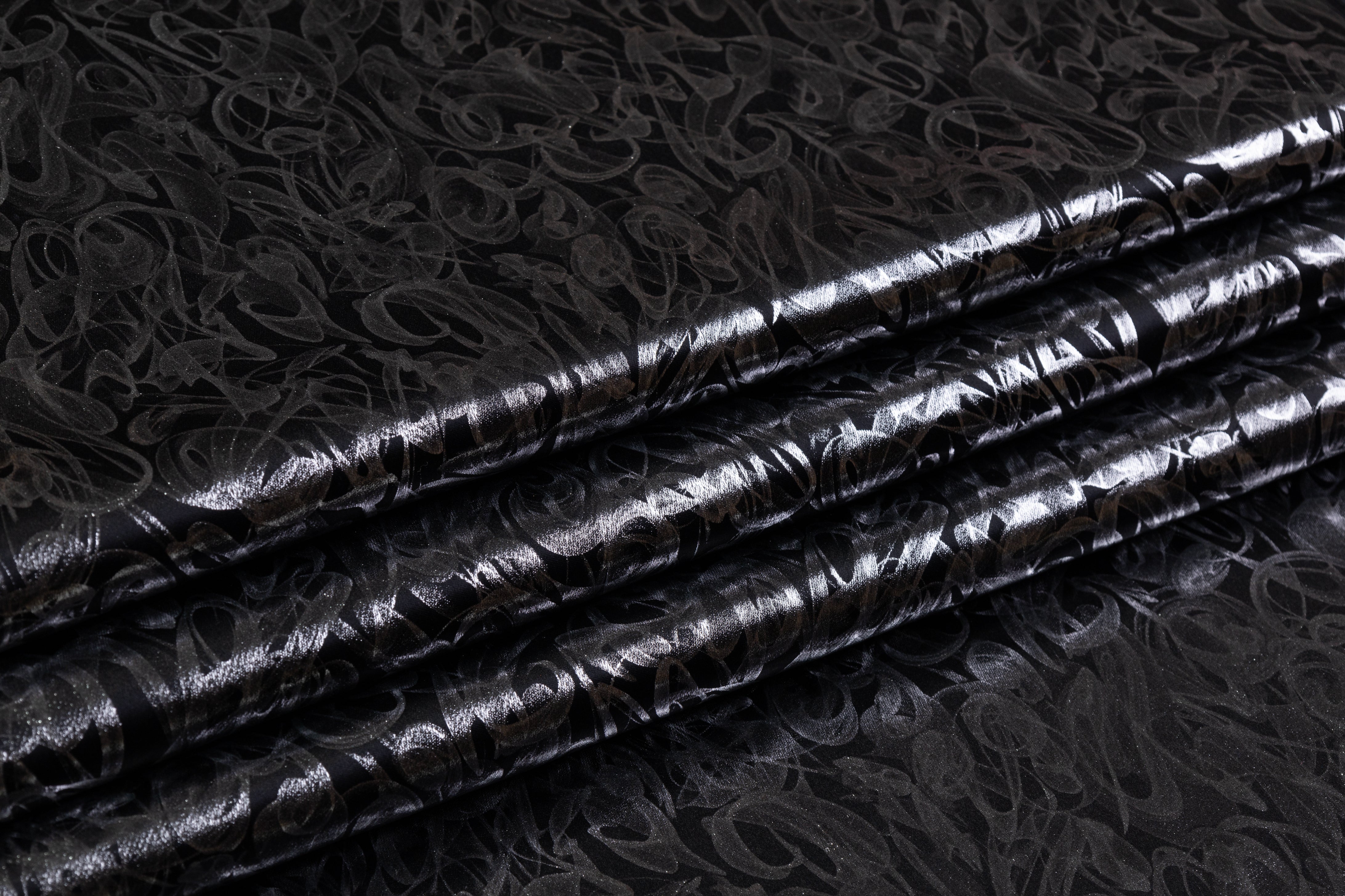 Abstract Laminated Italian Heavy Silk Charmeuse - Black / Silver