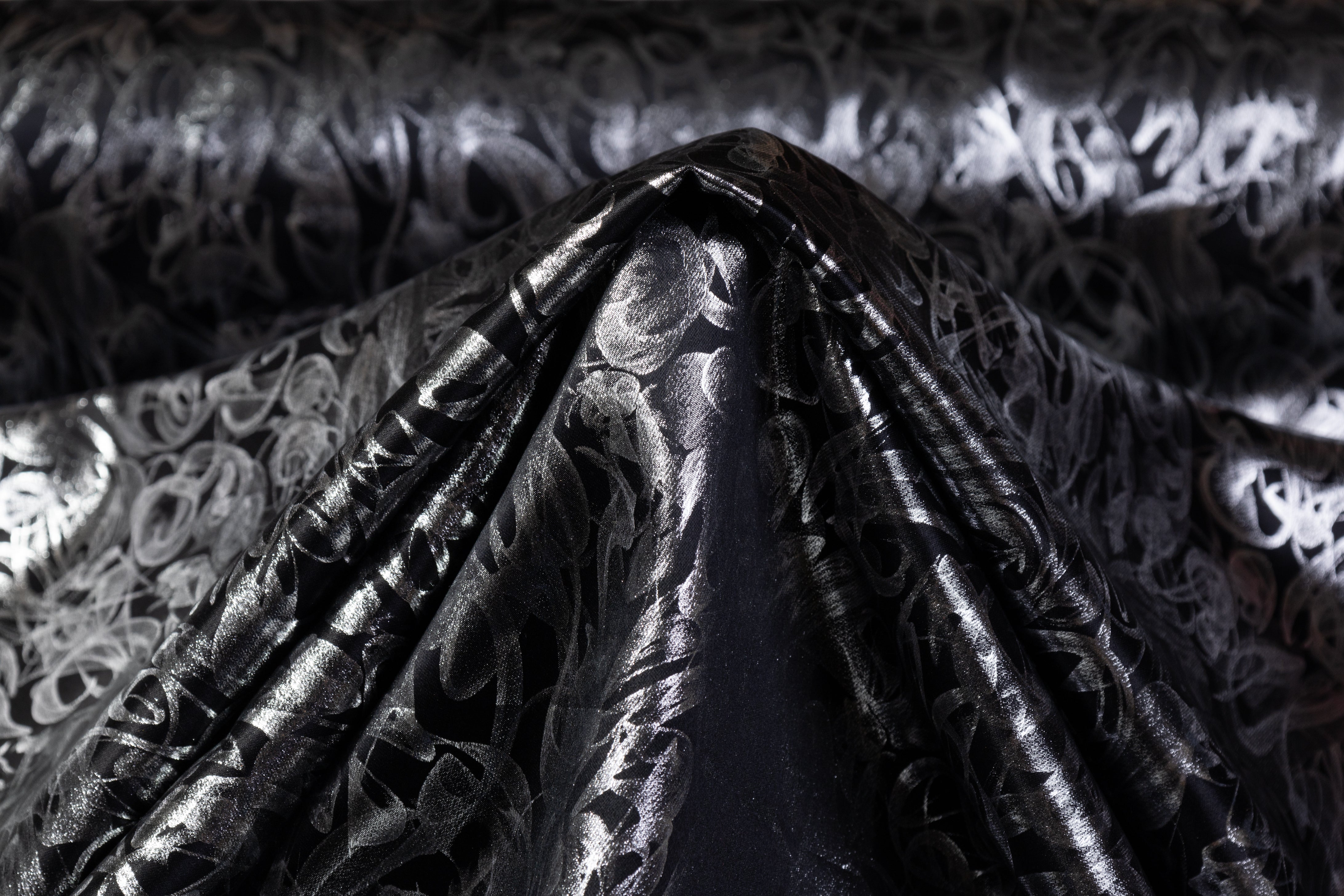 Abstract Laminated Italian Heavy Silk Charmeuse - Black / Silver