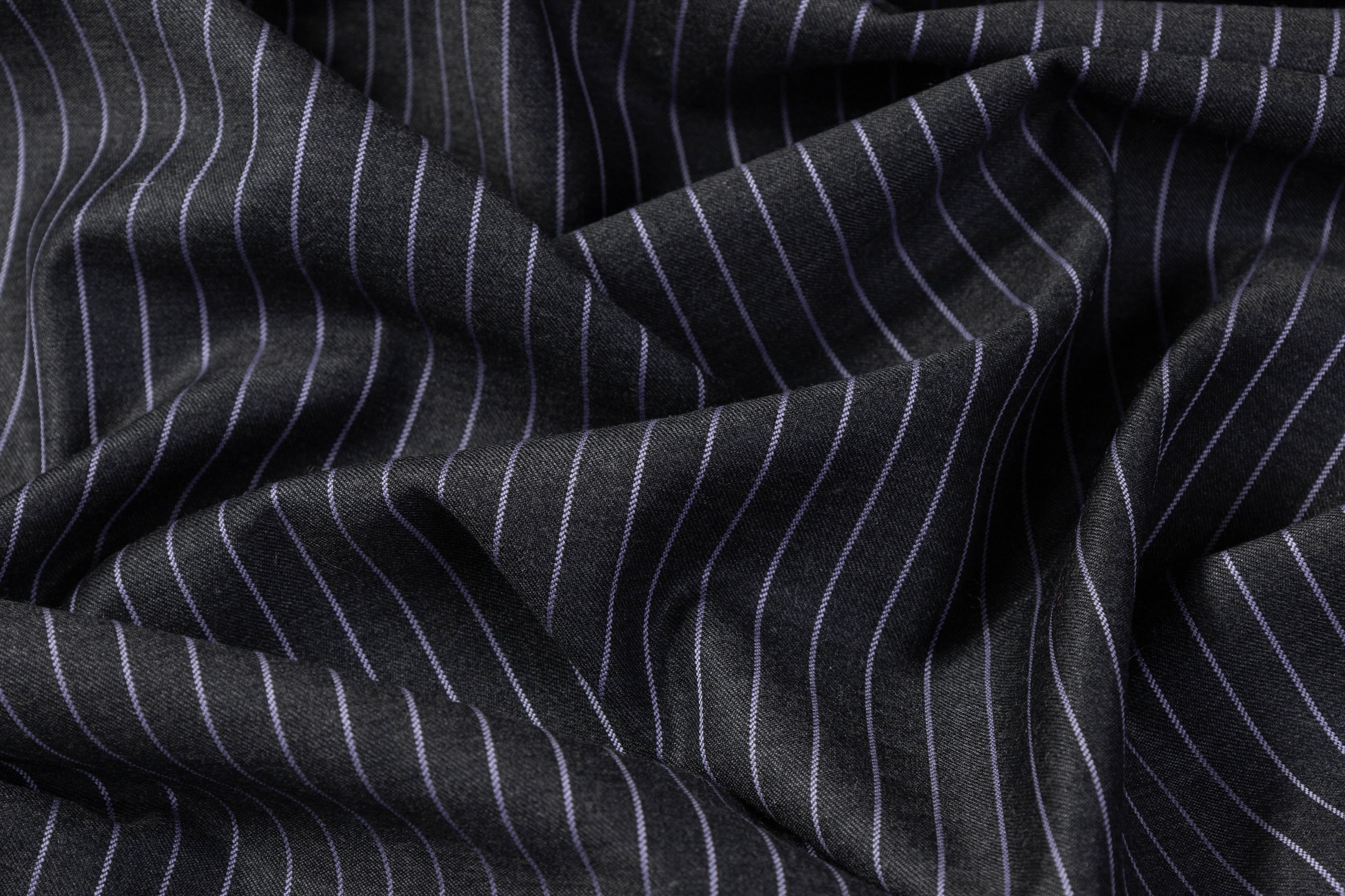 Reda - Pin Striped Super 130s Wool Cashmere Suiting - Charcoal Gray / Lavender