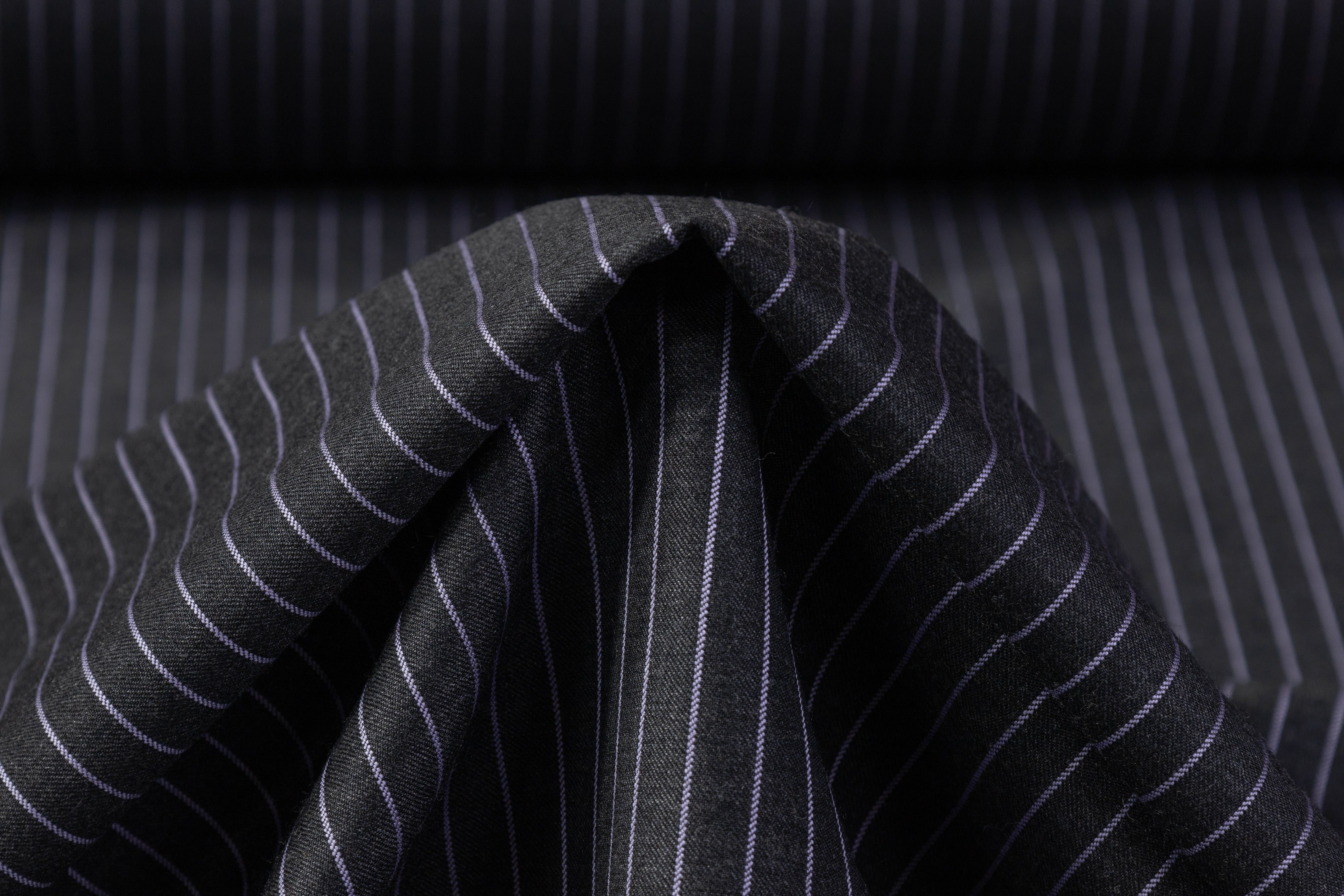 Reda - Pin Striped Super 130s Wool Cashmere Suiting - Charcoal Gray / Lavender