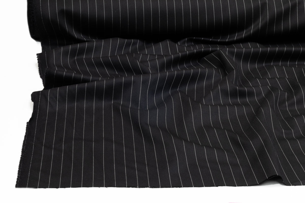 Pin Striped Italian Stretch Wool Suiting - Black / White