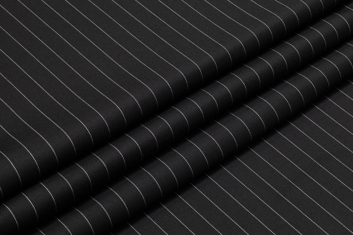 Pin Striped Italian Stretch Wool Suiting - Black / White