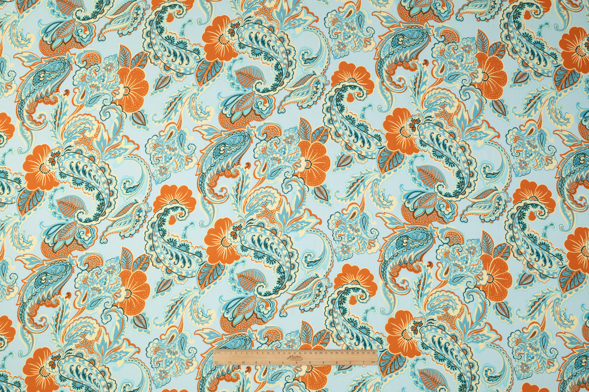 Paisley Italian Silk Crepe de Chine - Aqua Blue / Orange