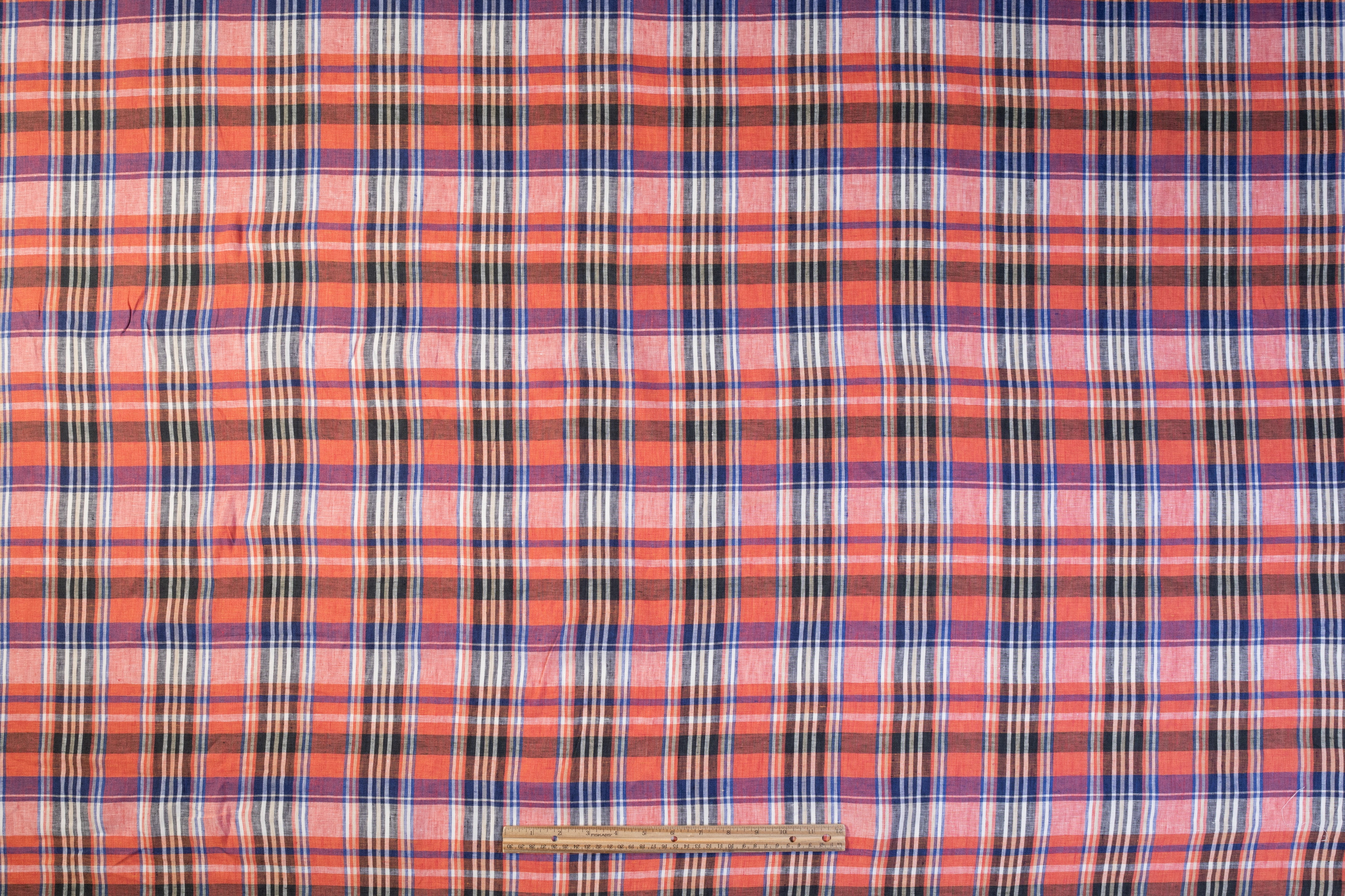 Checked Italian Linen - Coral / Blue