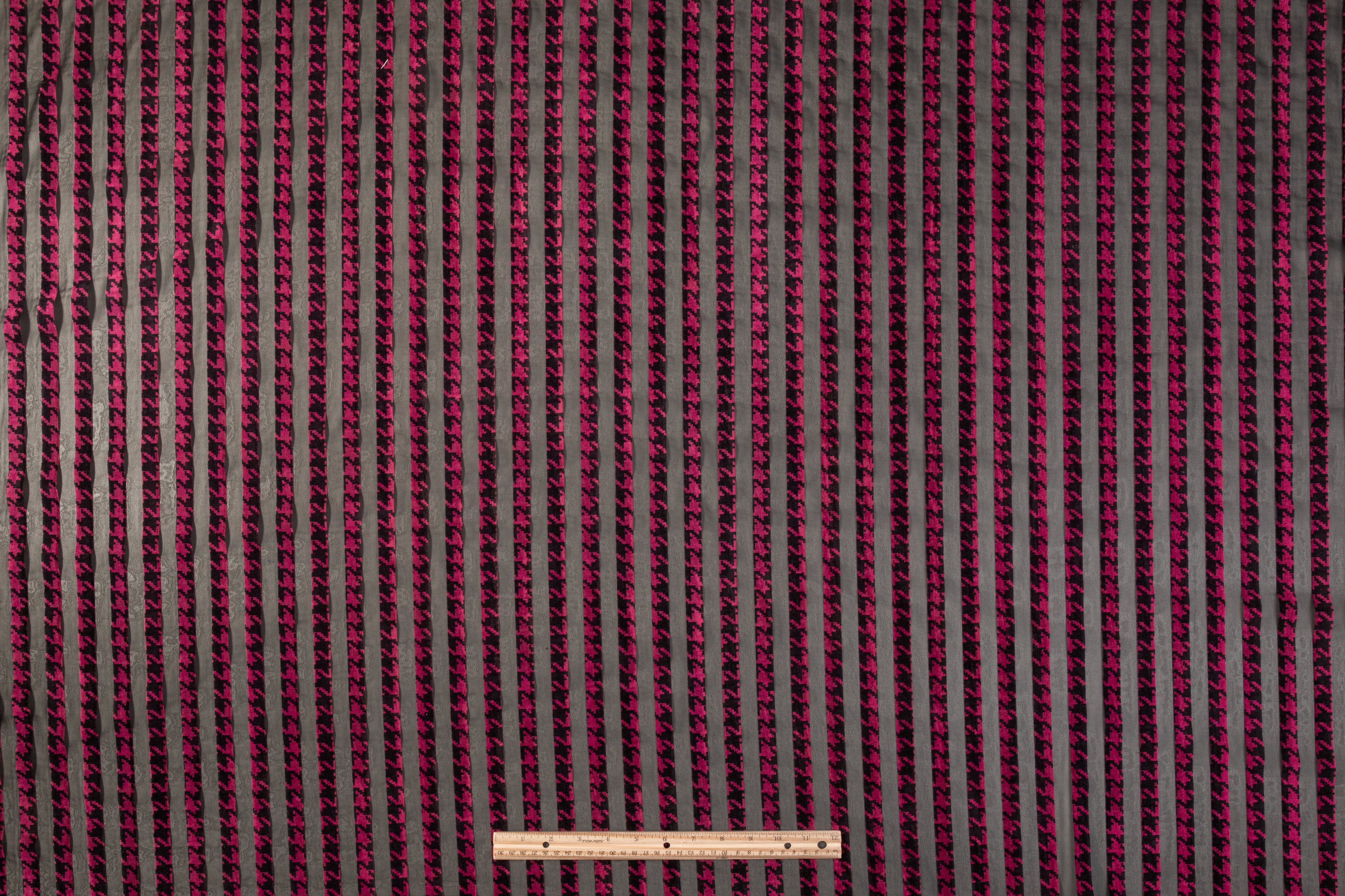 Houndstooth Striped Flocking Devore - Raspberry Pink / Black