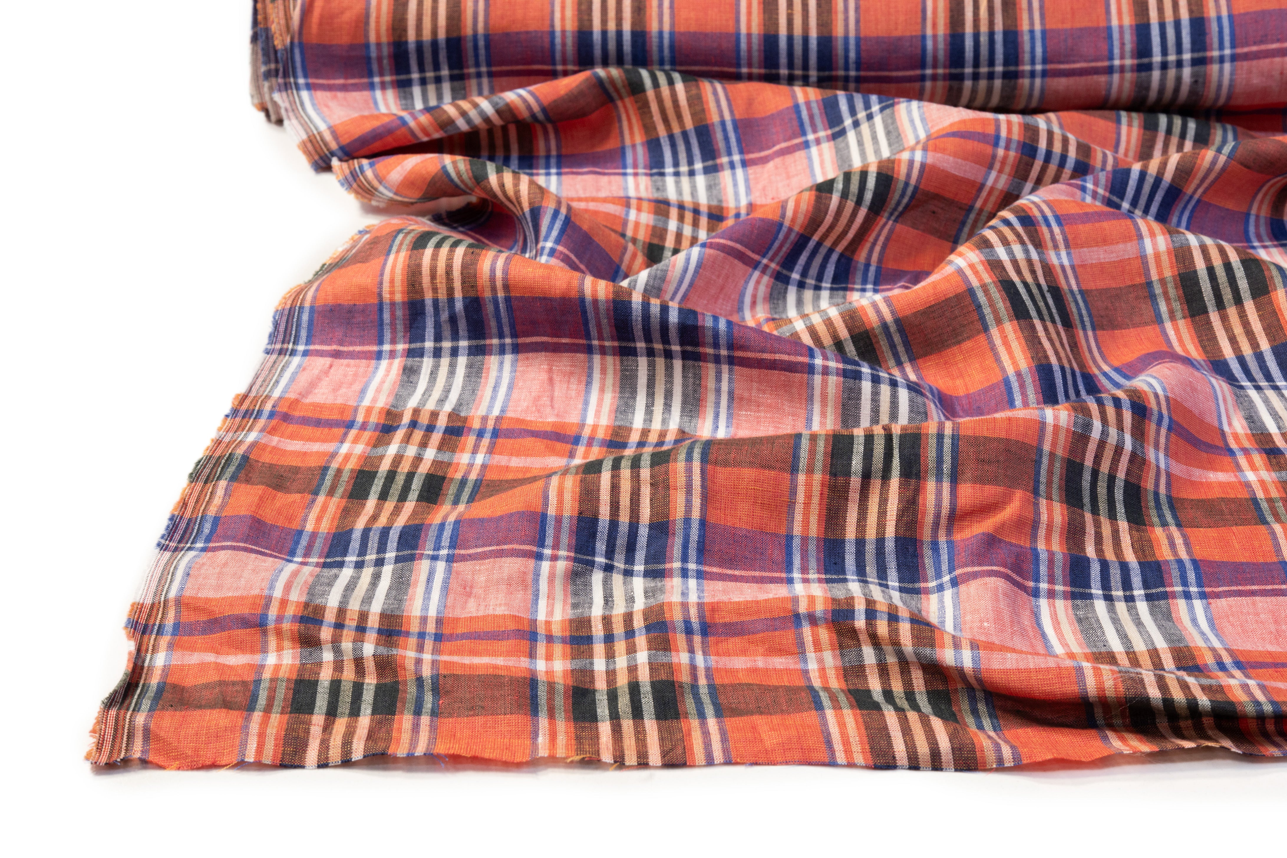 Checked Italian Linen - Coral / Blue