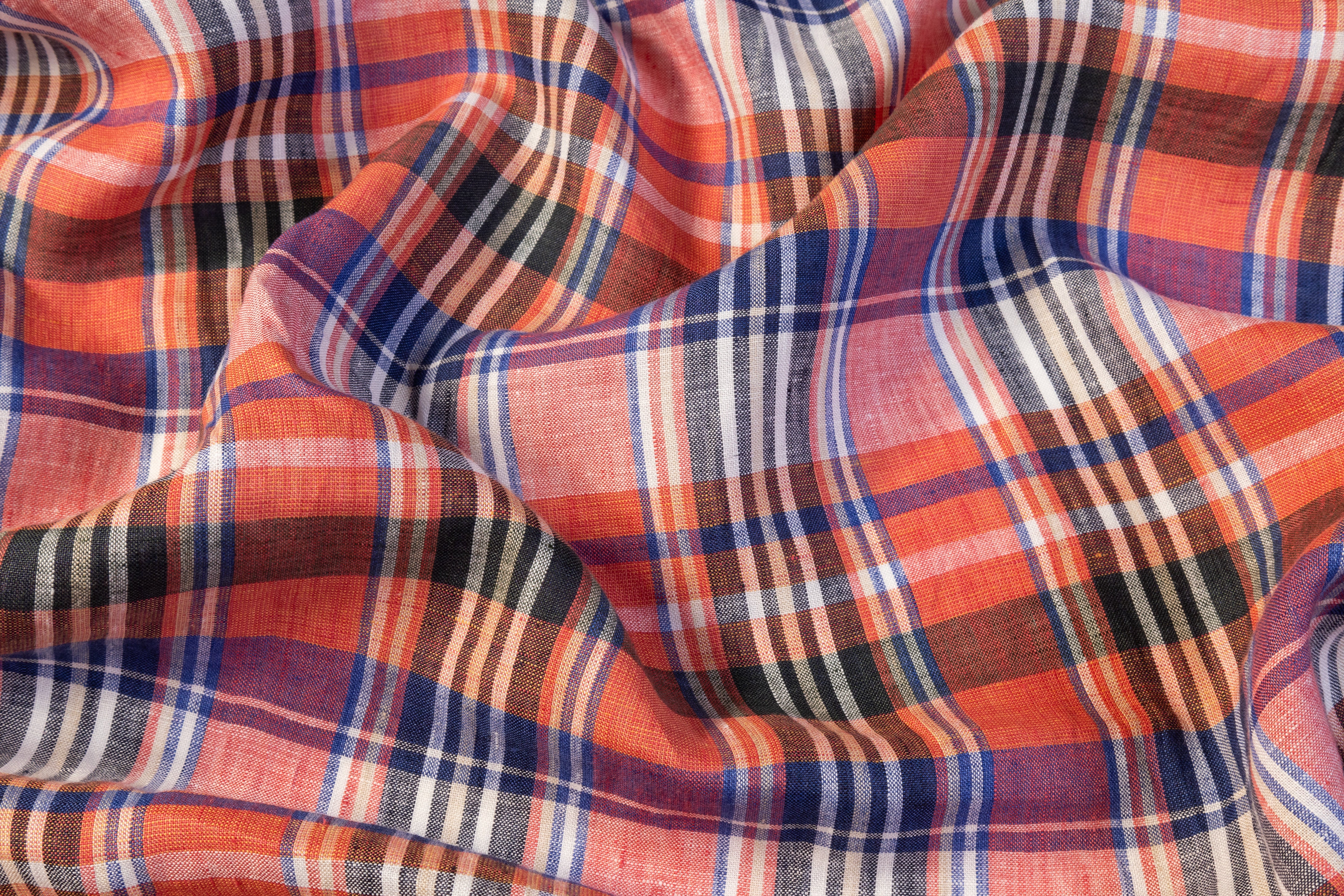 Checked Italian Linen - Coral / Blue