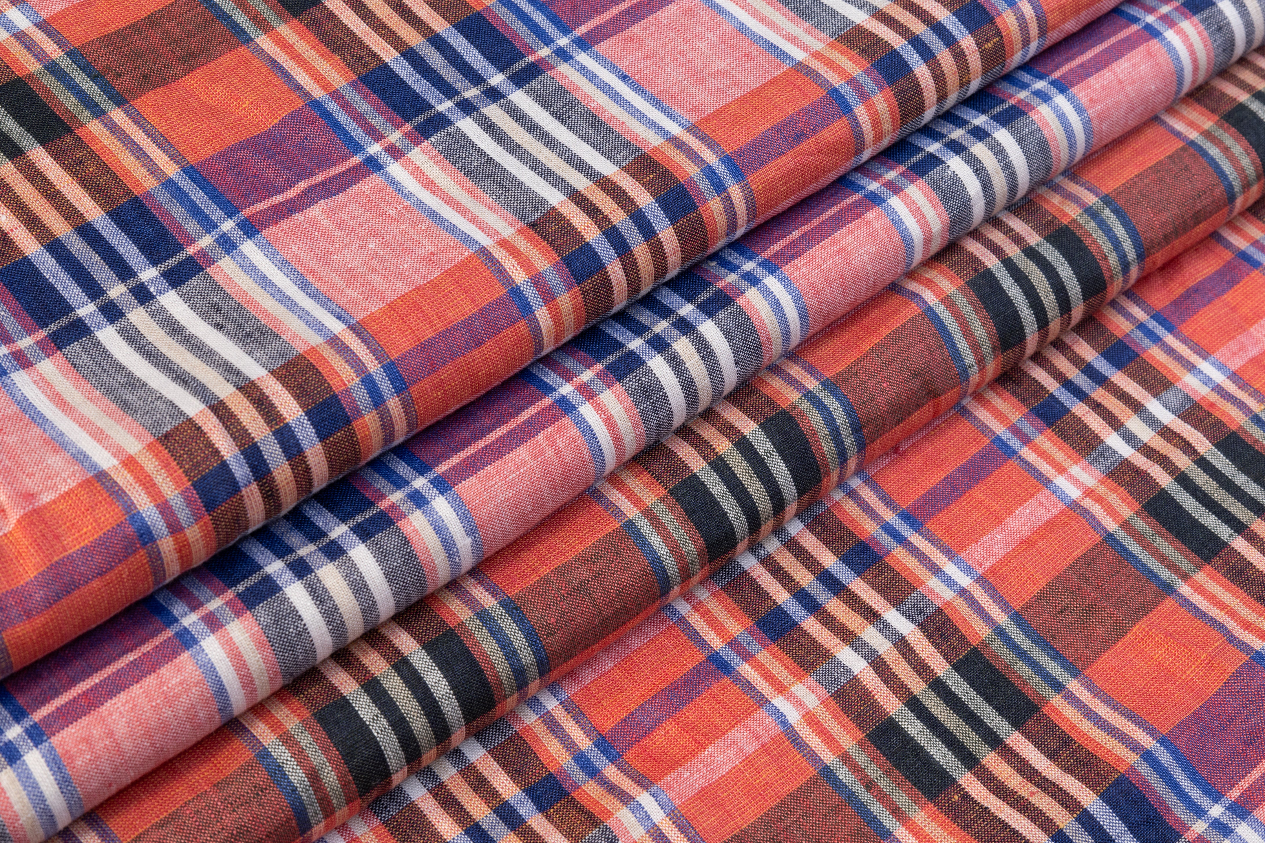 Checked Italian Linen - Coral / Blue