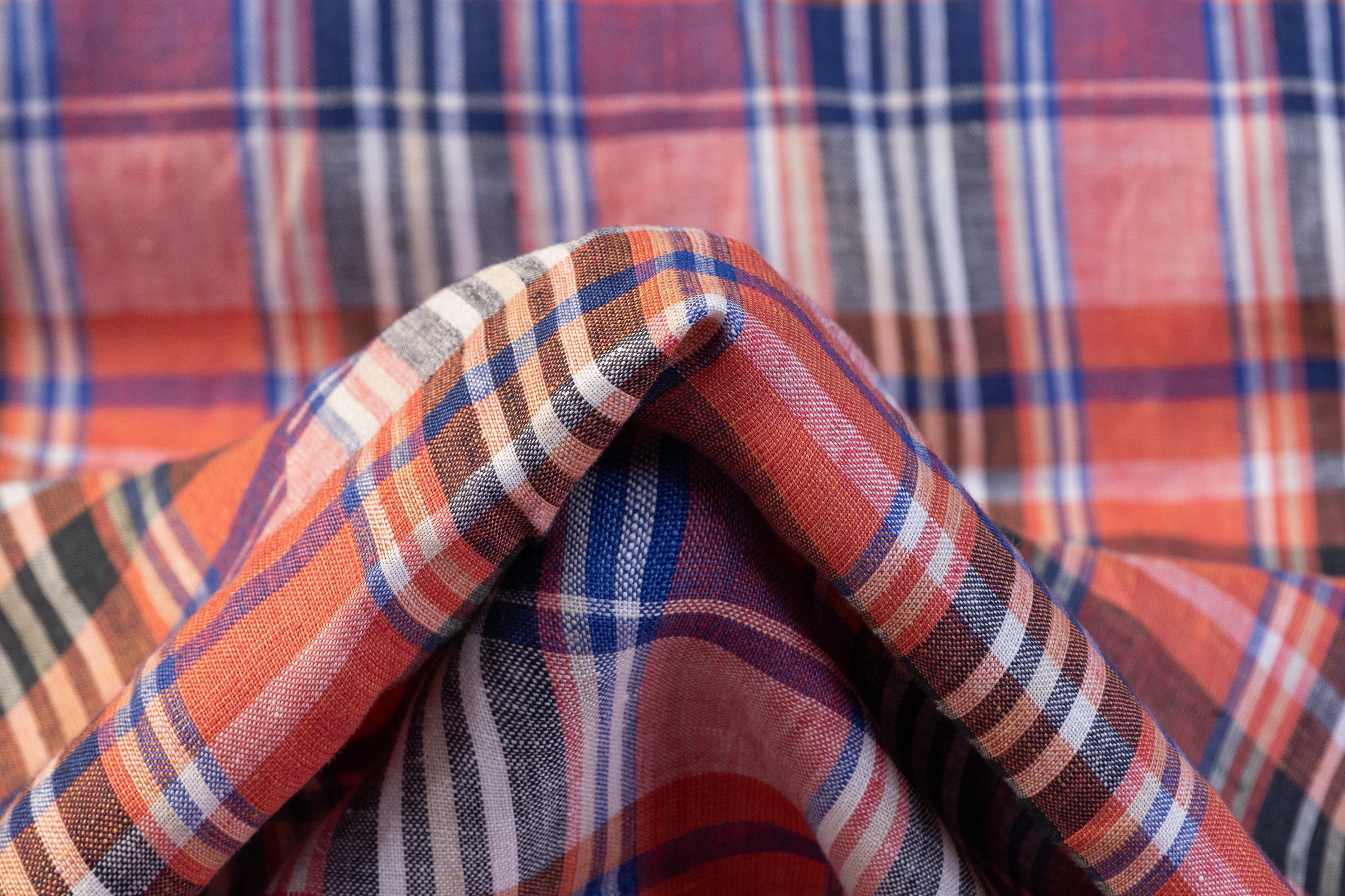 Checked Italian Linen - Coral / Blue