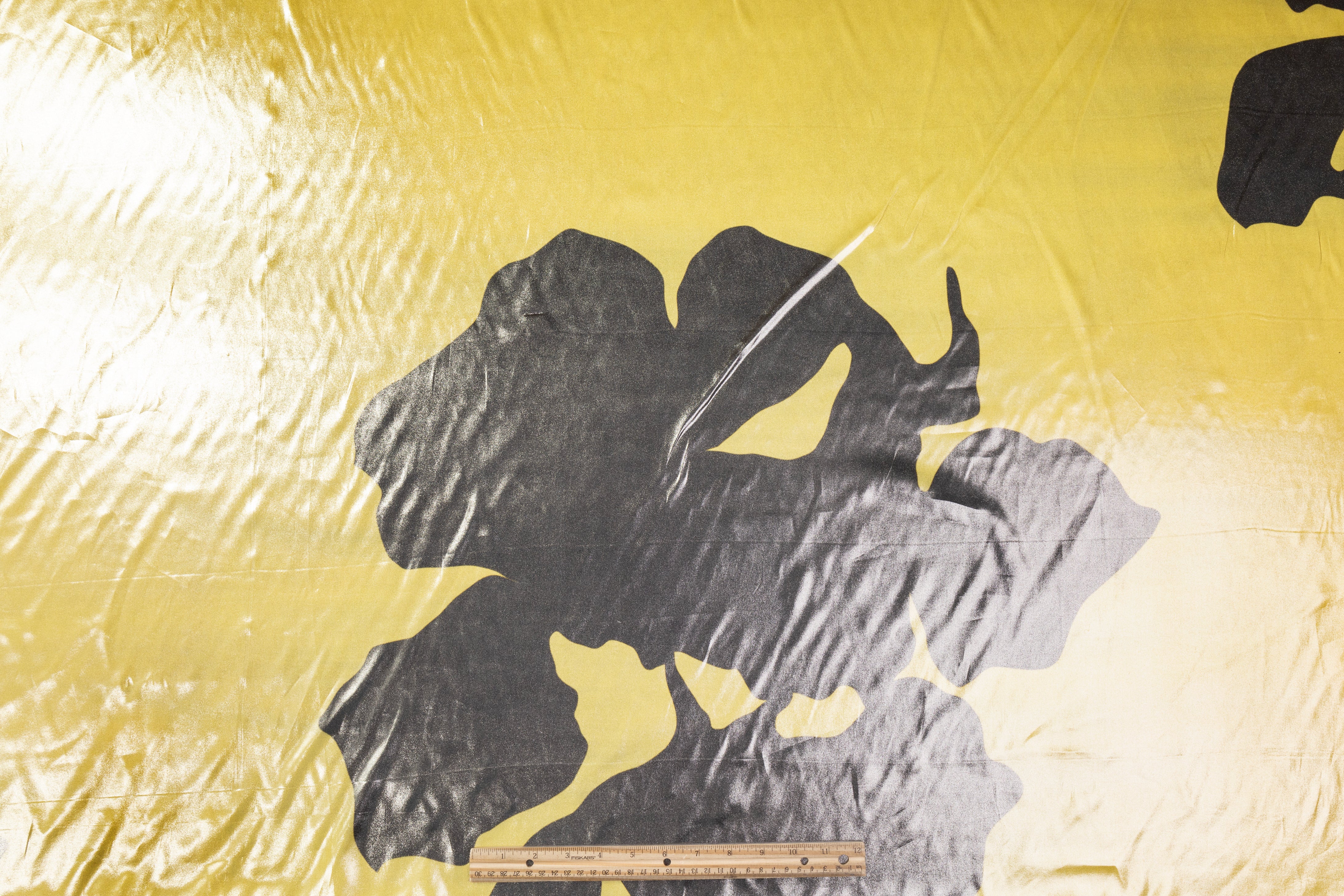 Abstract Floral Laminated Italian Silk Charmeuse - Gray / Golden Yellow