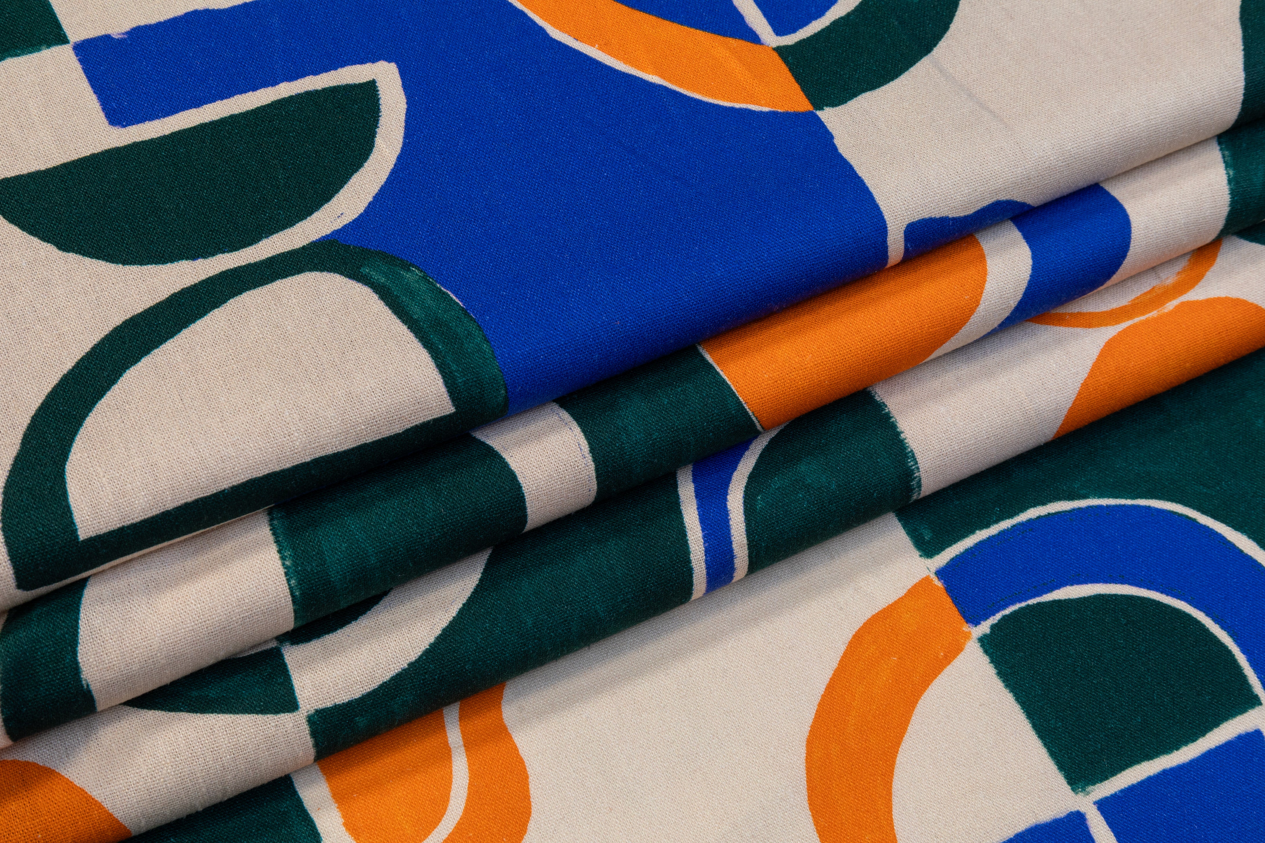 Geometric Printed Italian Linen Viscose Blend - Beige / Green / Blue / Orange