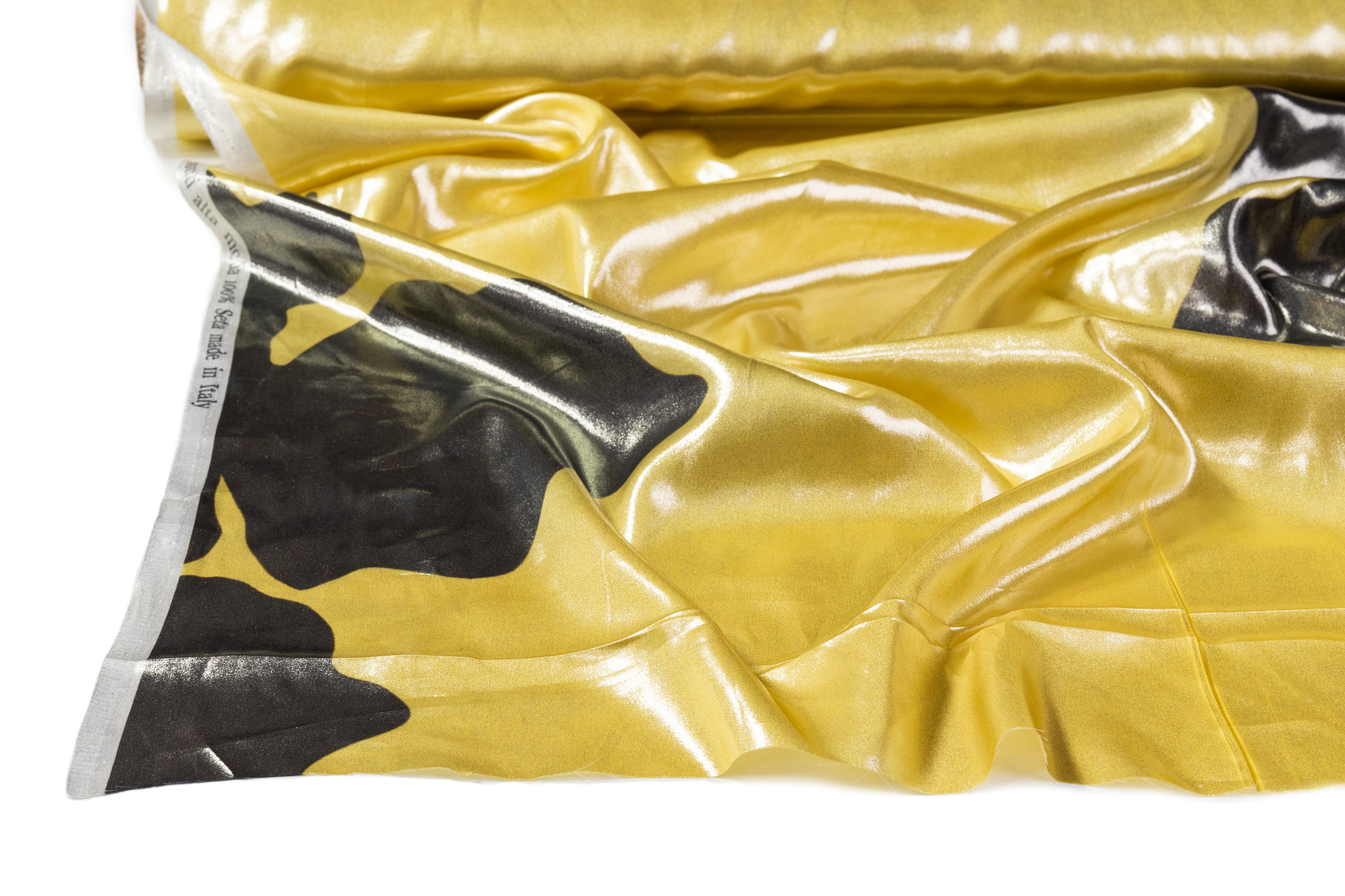 Abstract Floral Laminated Italian Silk Charmeuse - Gray / Golden Yellow