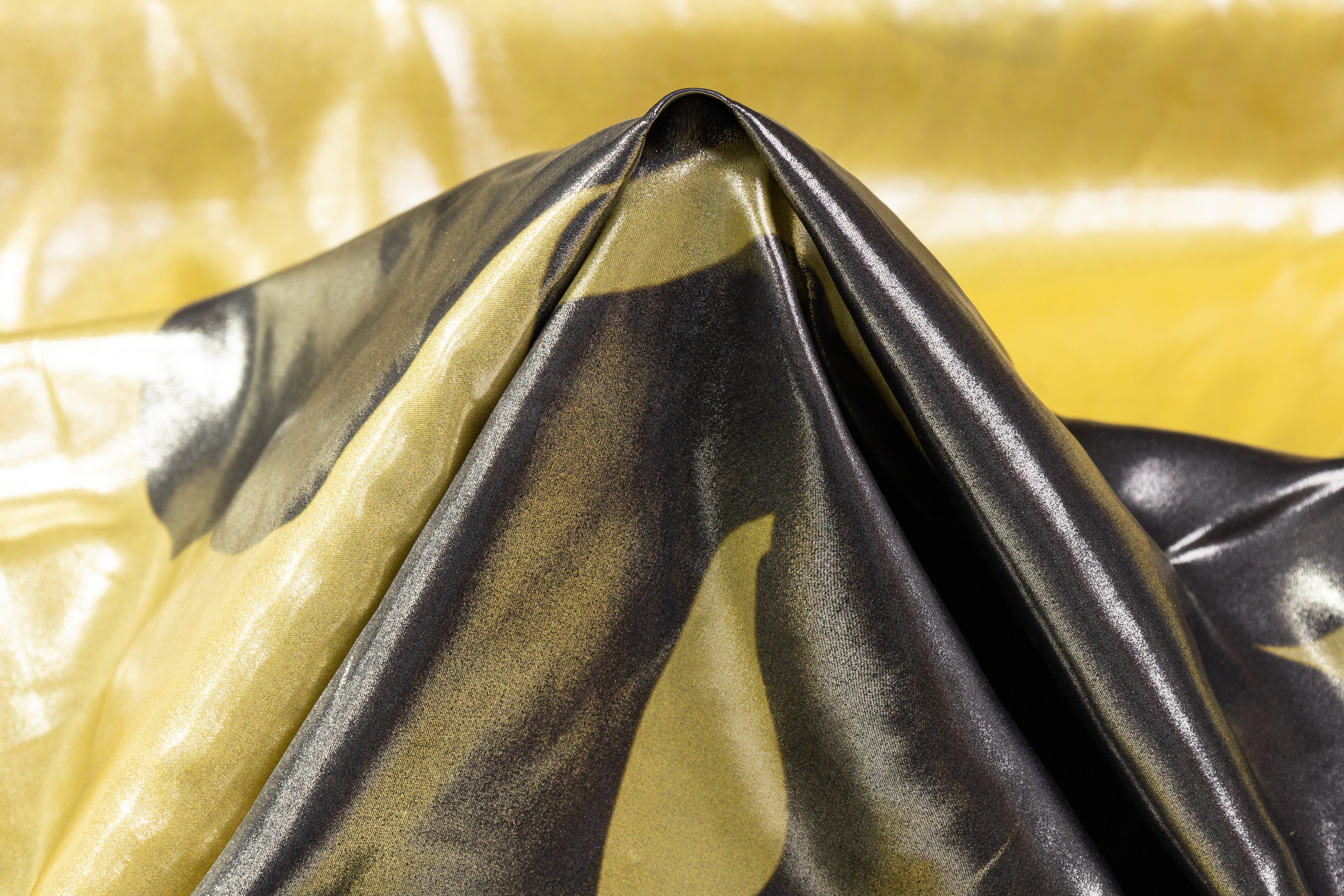 Abstract Floral Laminated Italian Silk Charmeuse - Gray / Golden Yellow