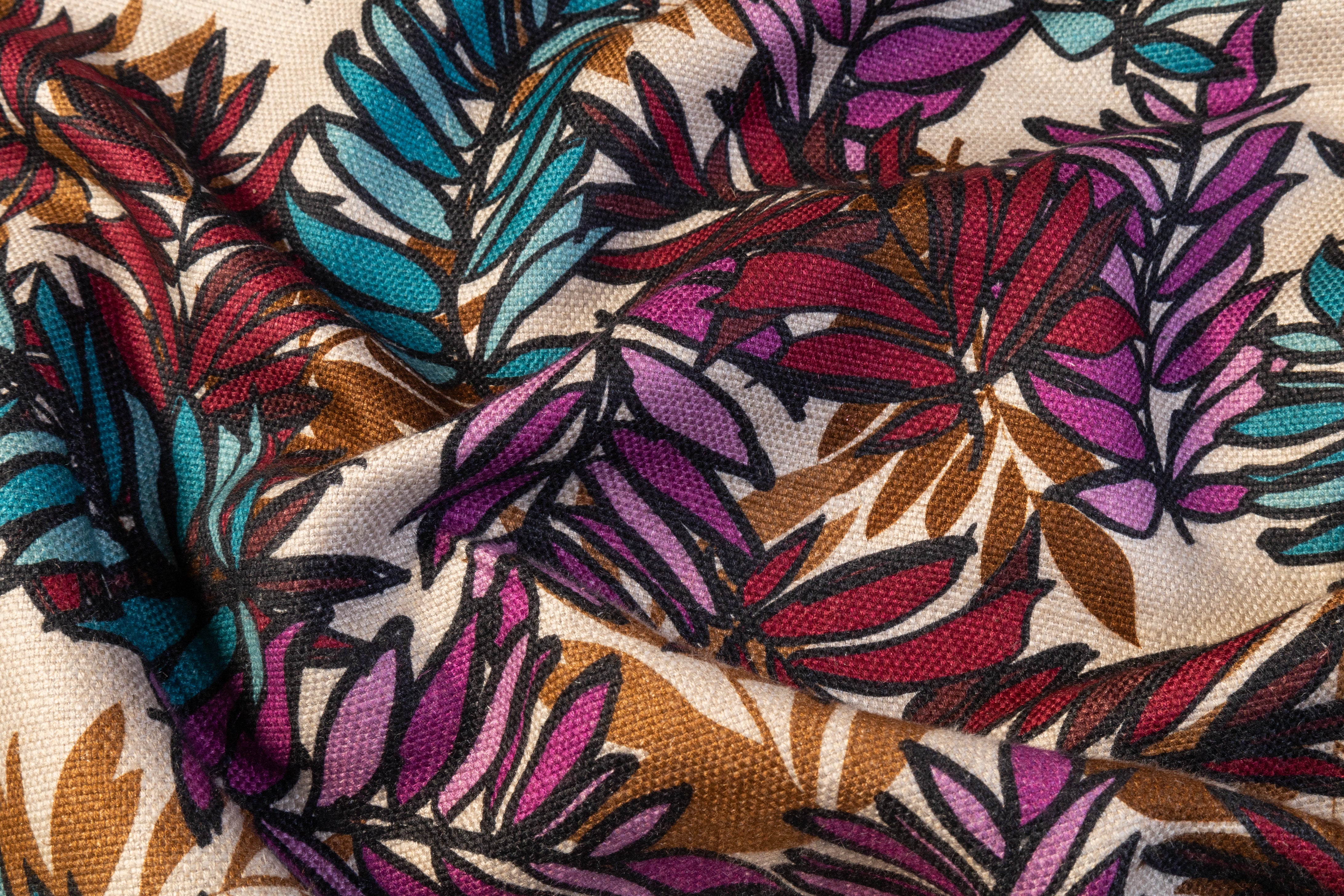 Leaf Print Italian Cotton Linen Blend - Multicolor