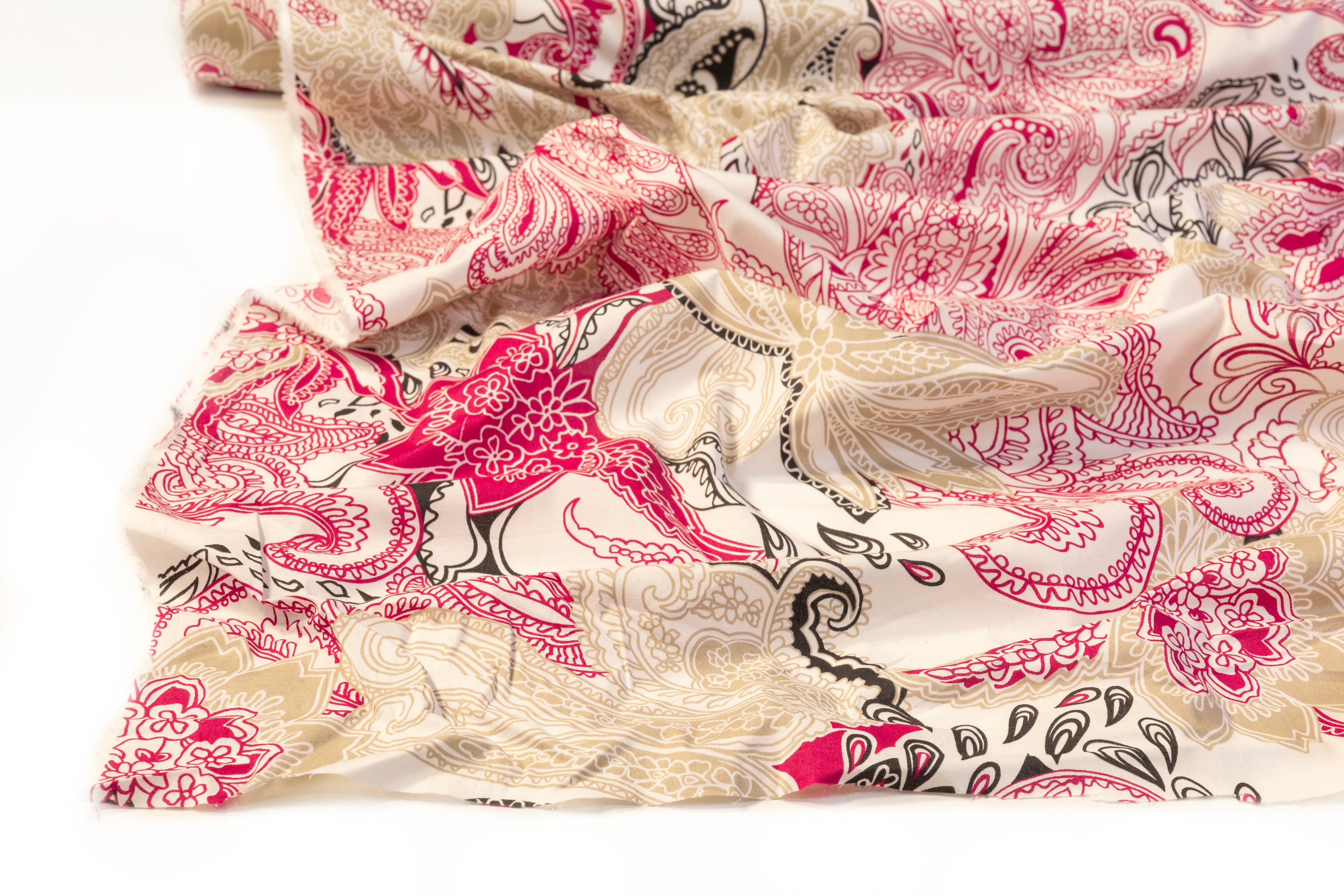 Paisley Italian Cotton Print - Raspberry Red / White / Khaki