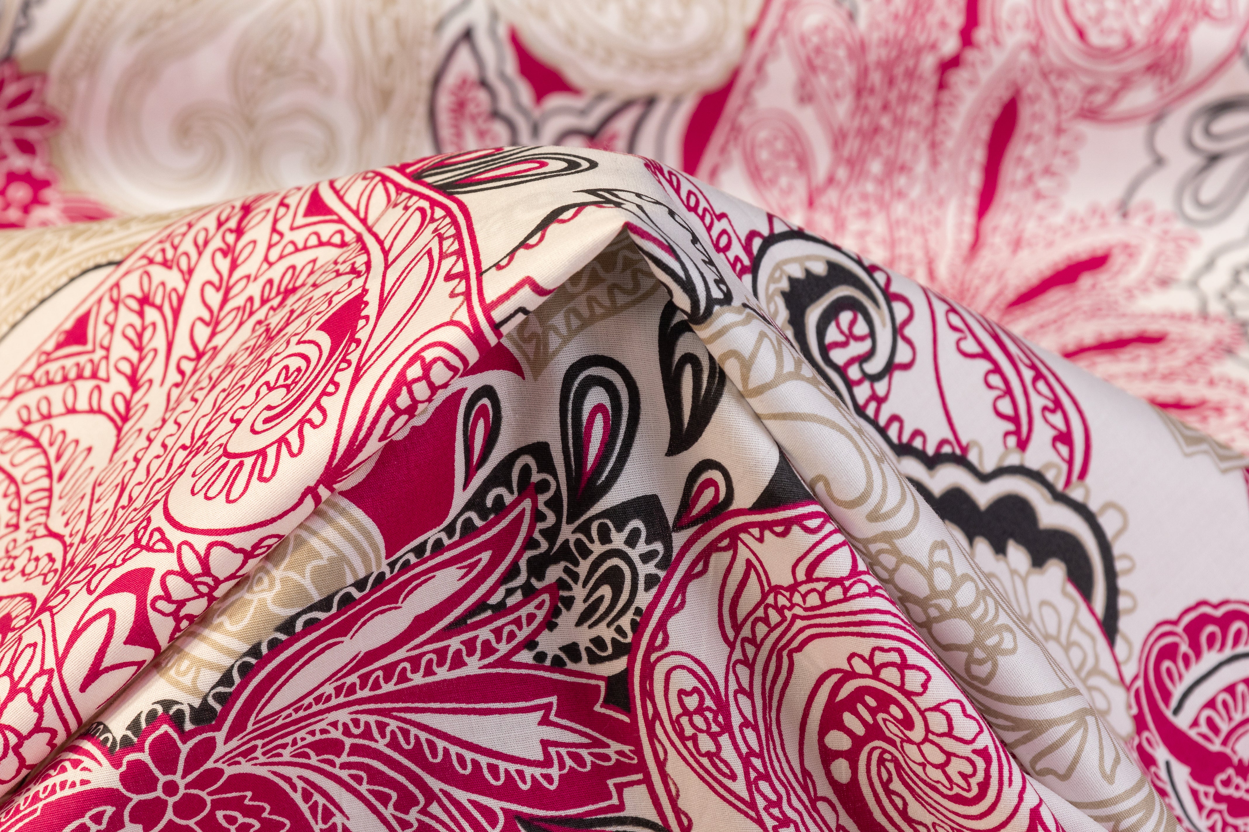 Paisley Italian Cotton Print - Raspberry Red / White / Khaki