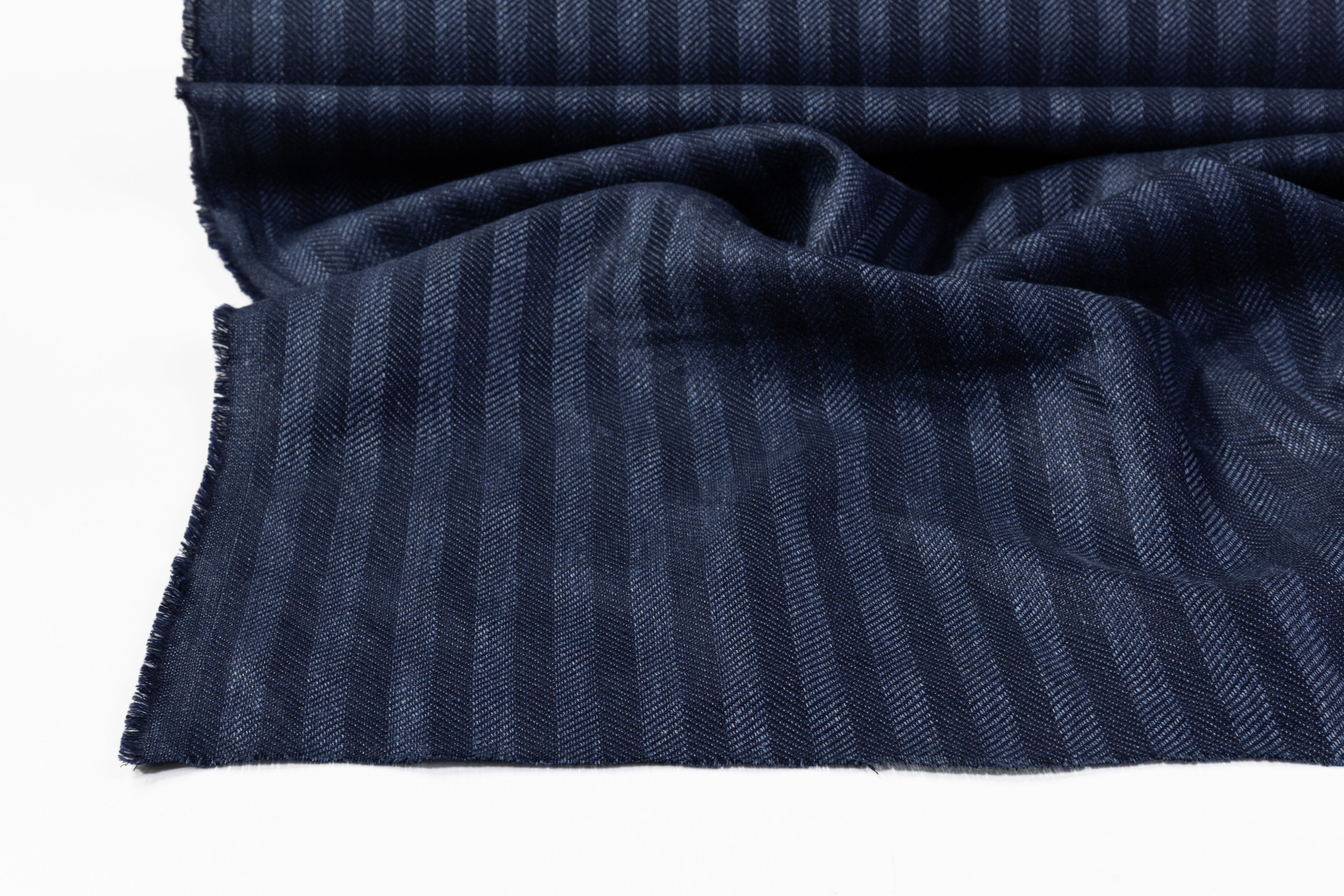 Ferla - Herringbone Italian Silk and Linen Suiting - Blue