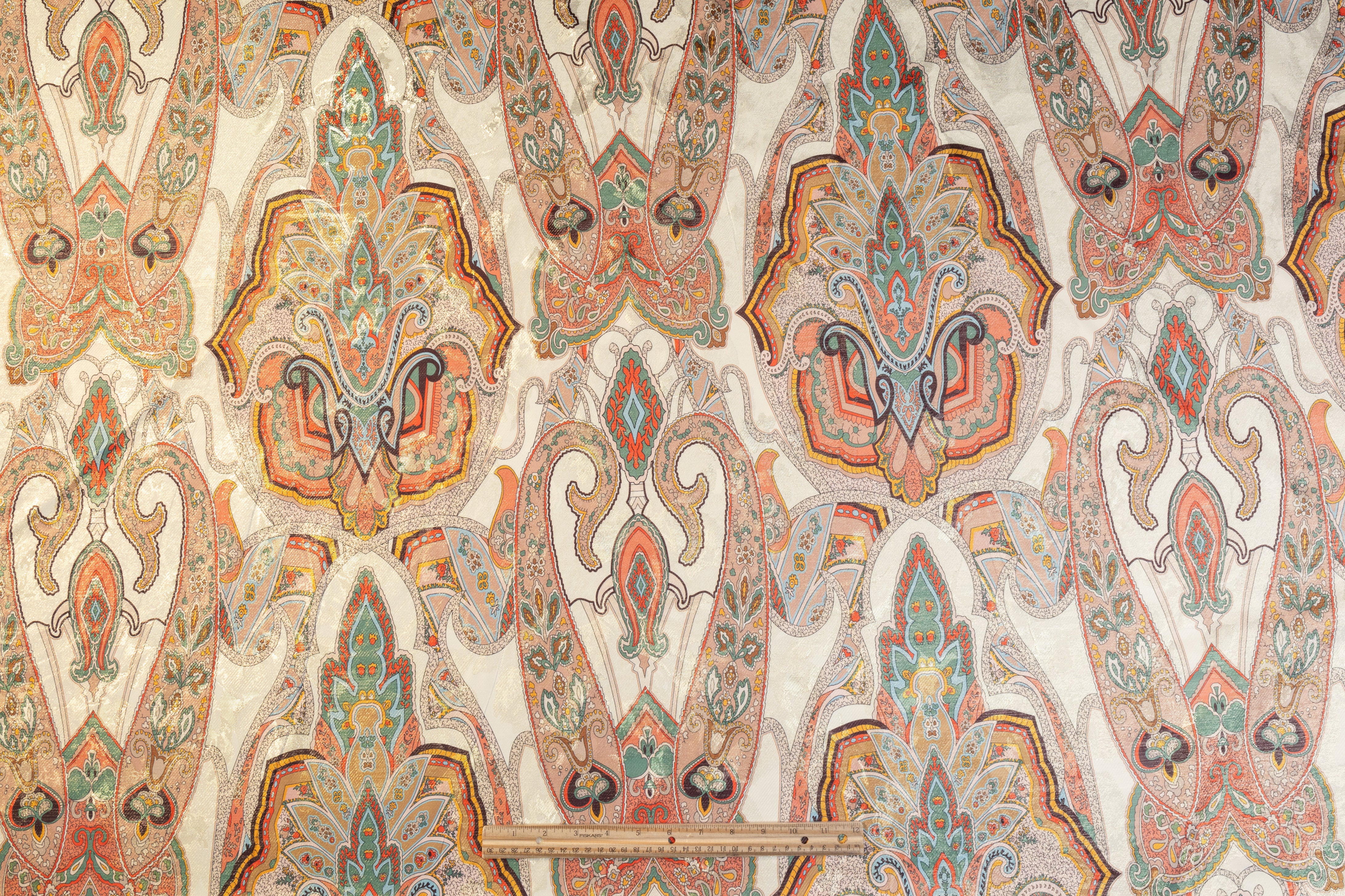 Printed Italian Metallic Jacquard - Gold / Green / Coral