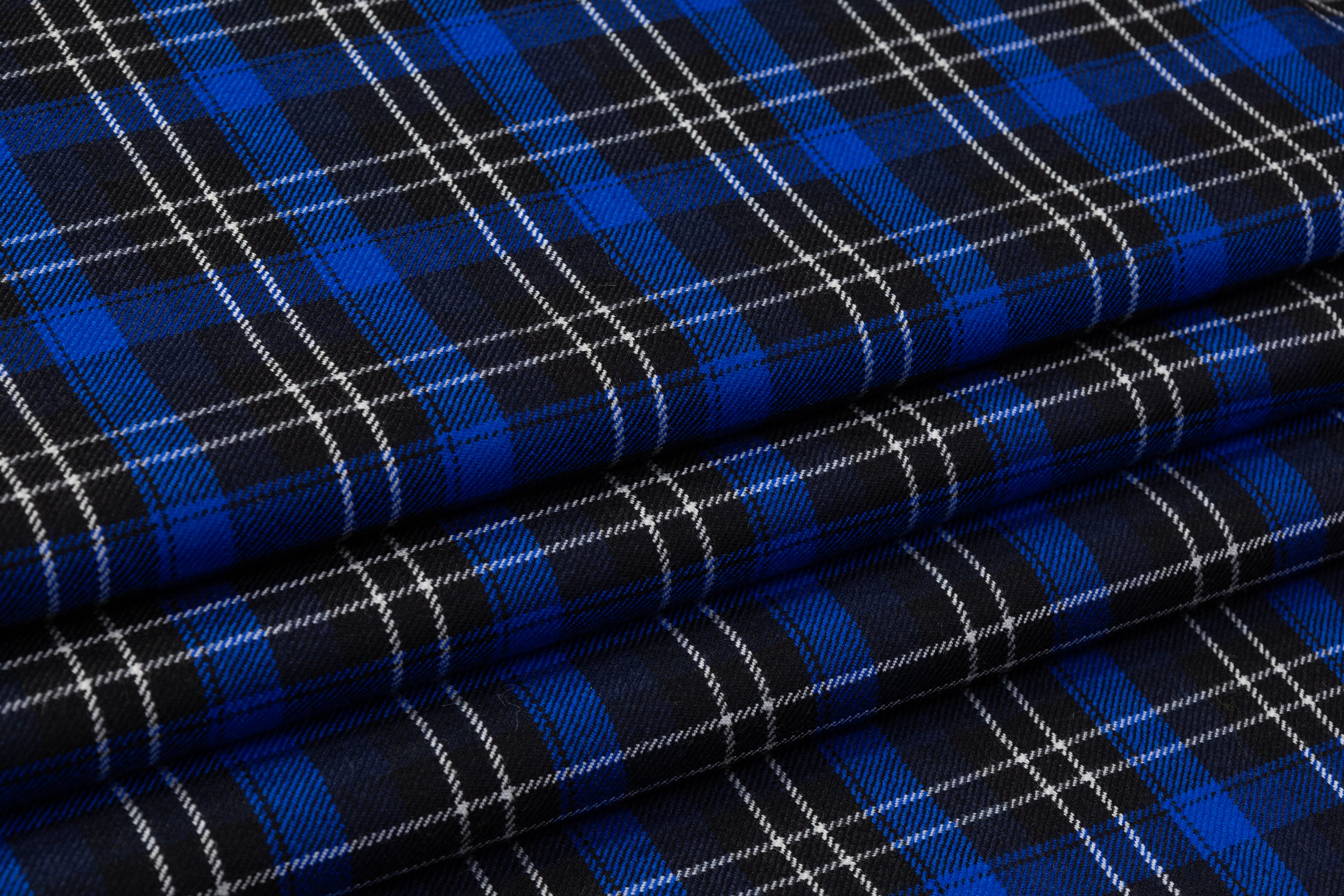 Tartan Italian Wool Suiting - Blue / Black / White
