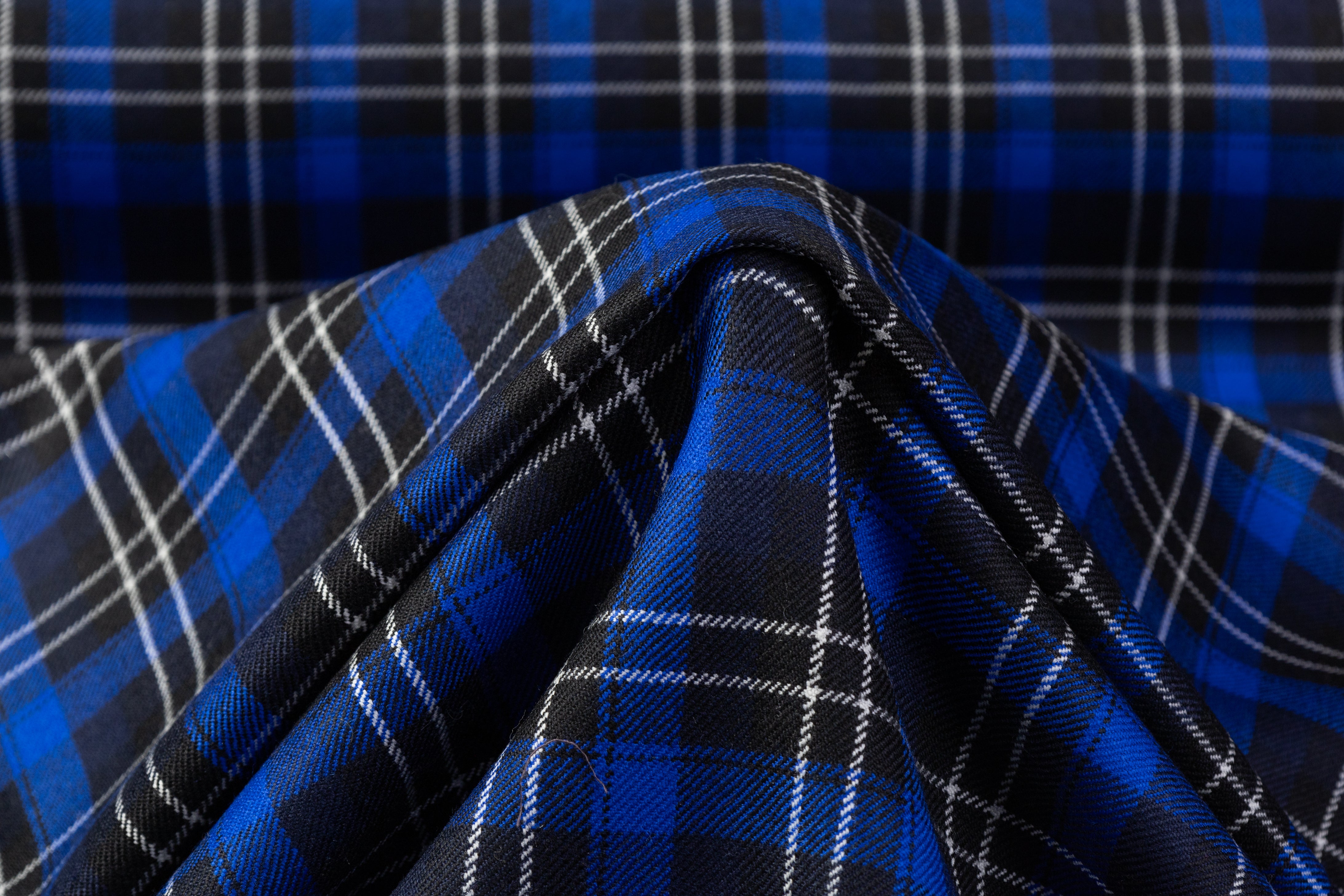 Tartan Italian Wool Suiting - Blue / Black / White