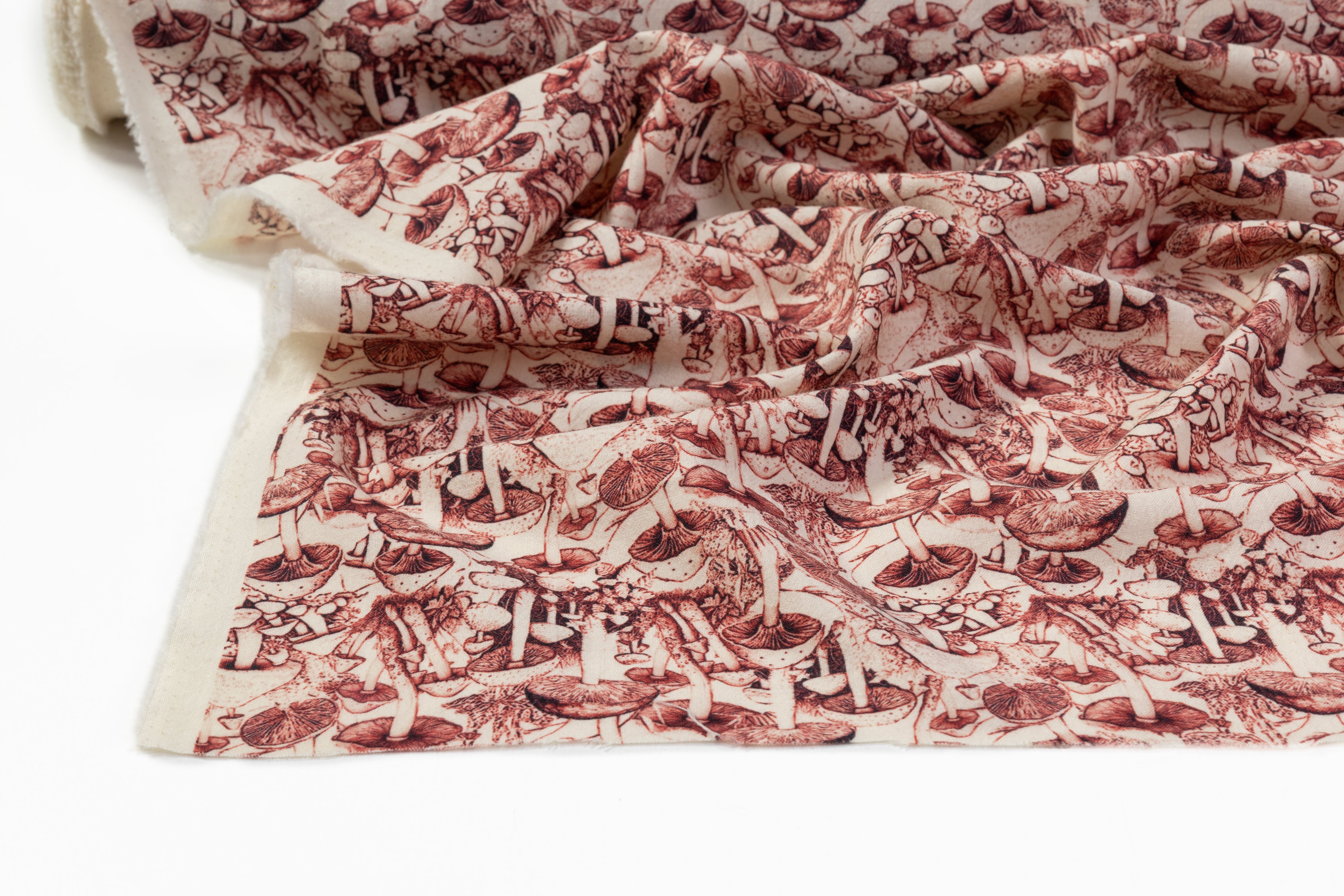 Mushroom Printed Italian Wool - Cherry Wood / Off White