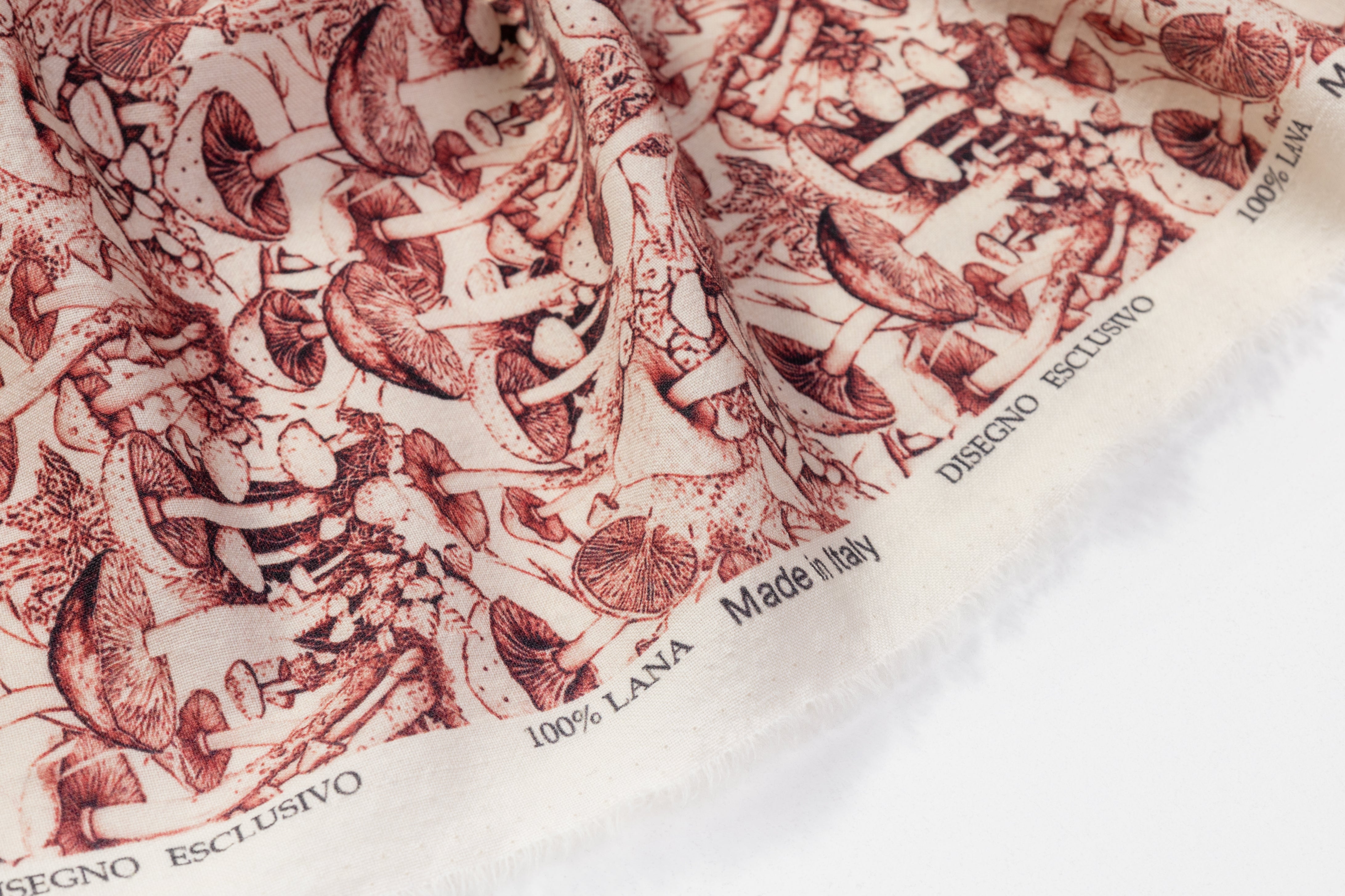 Mushroom Printed Italian Wool - Cherry Wood / Off White