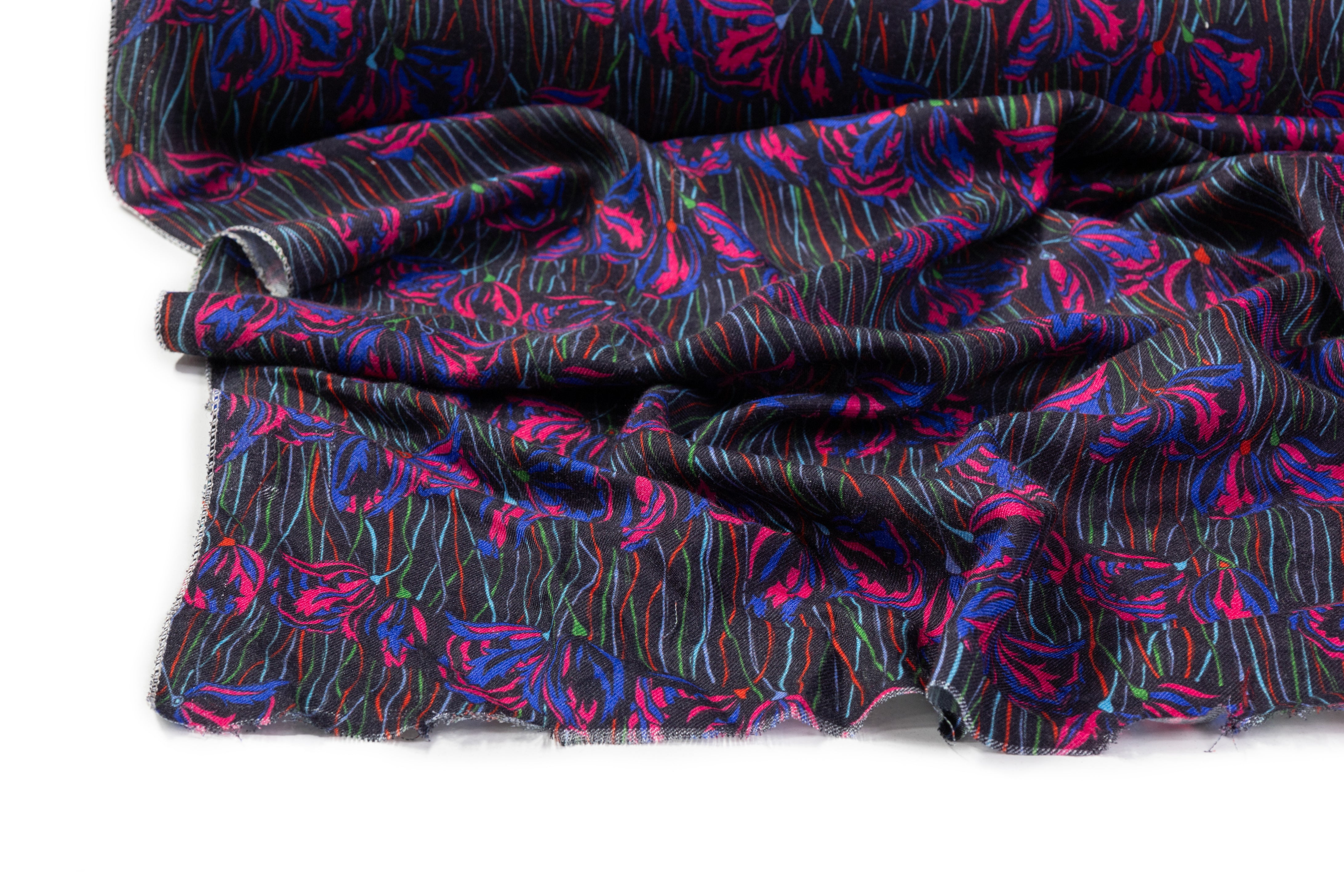Floral Italian Silk and Wool Challis - Magenta / Blue