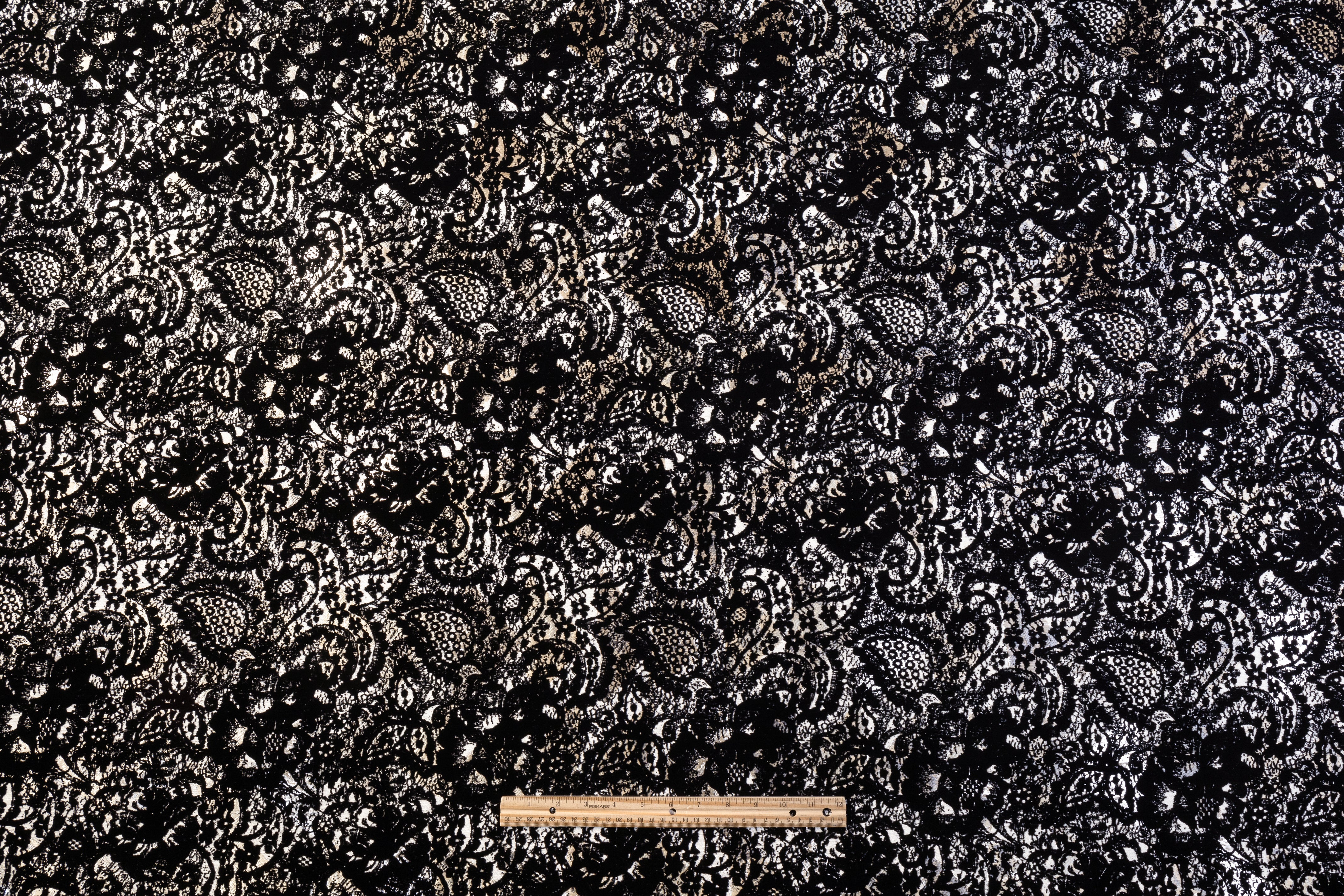 Flocked Italian Metallic Chenille Brocade - Black / Beige / Silver