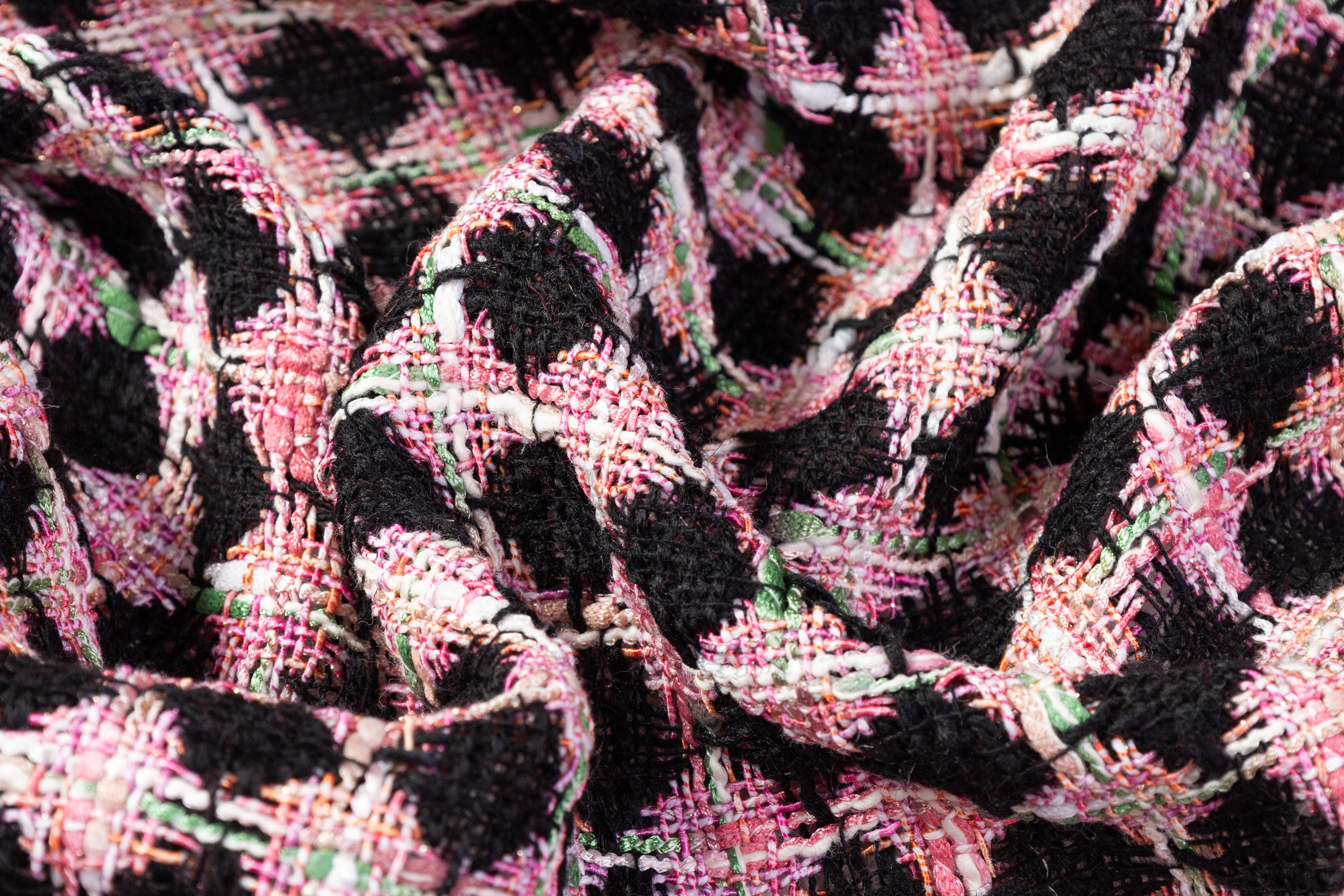 Geometric Checked Italian Cotton Blend Tweed - Pink / Black / Green