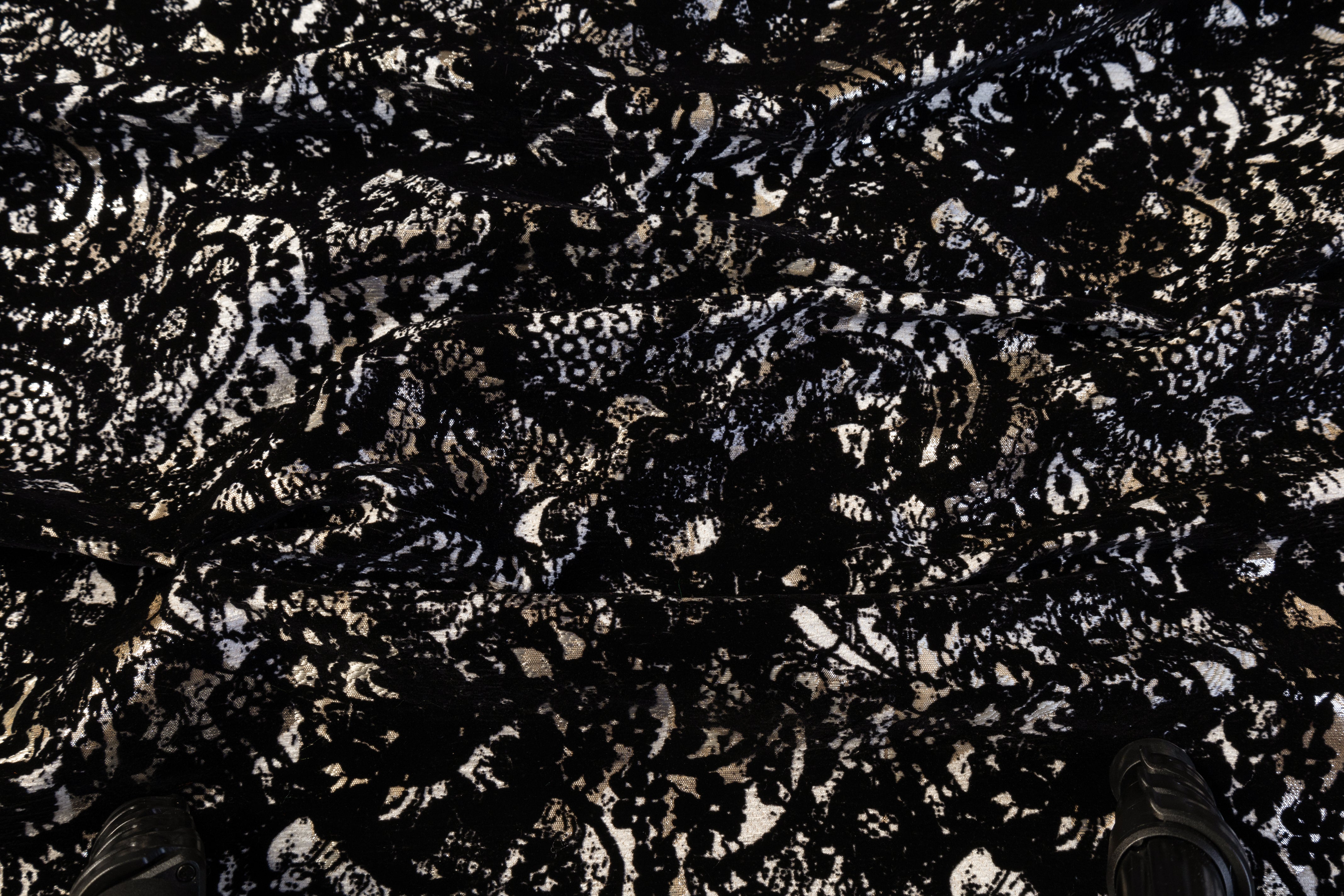 Flocked Italian Metallic Chenille Brocade - Black / Beige / Silver