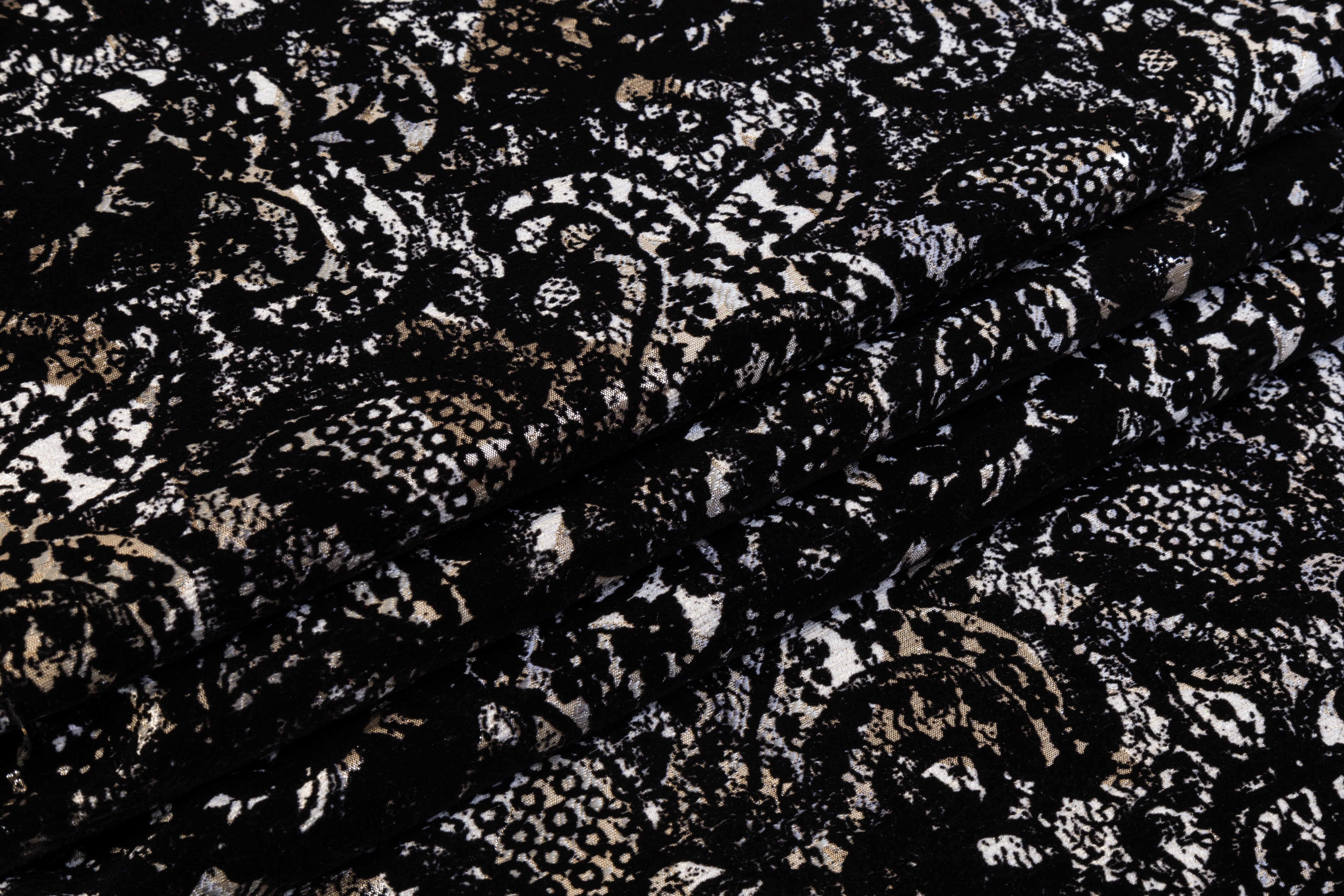 Flocked Italian Metallic Chenille Brocade - Black / Beige / Silver
