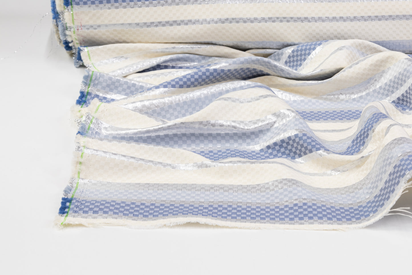 Checked Metallic Italian Brocade - Ivory / Silver / Blue