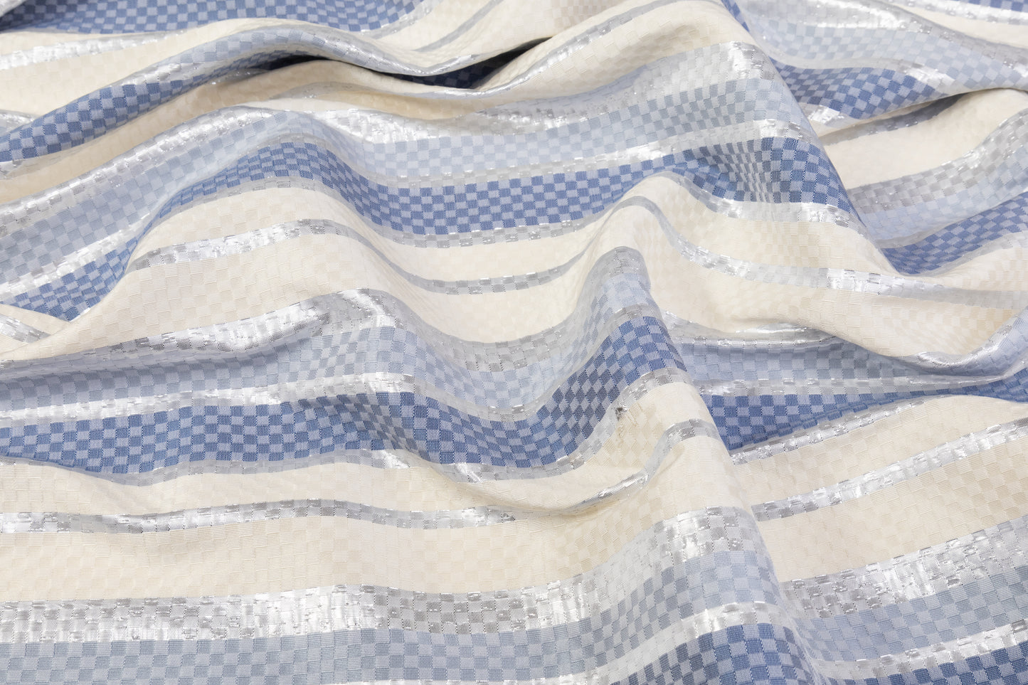 Checked Metallic Italian Brocade - Ivory / Silver / Blue