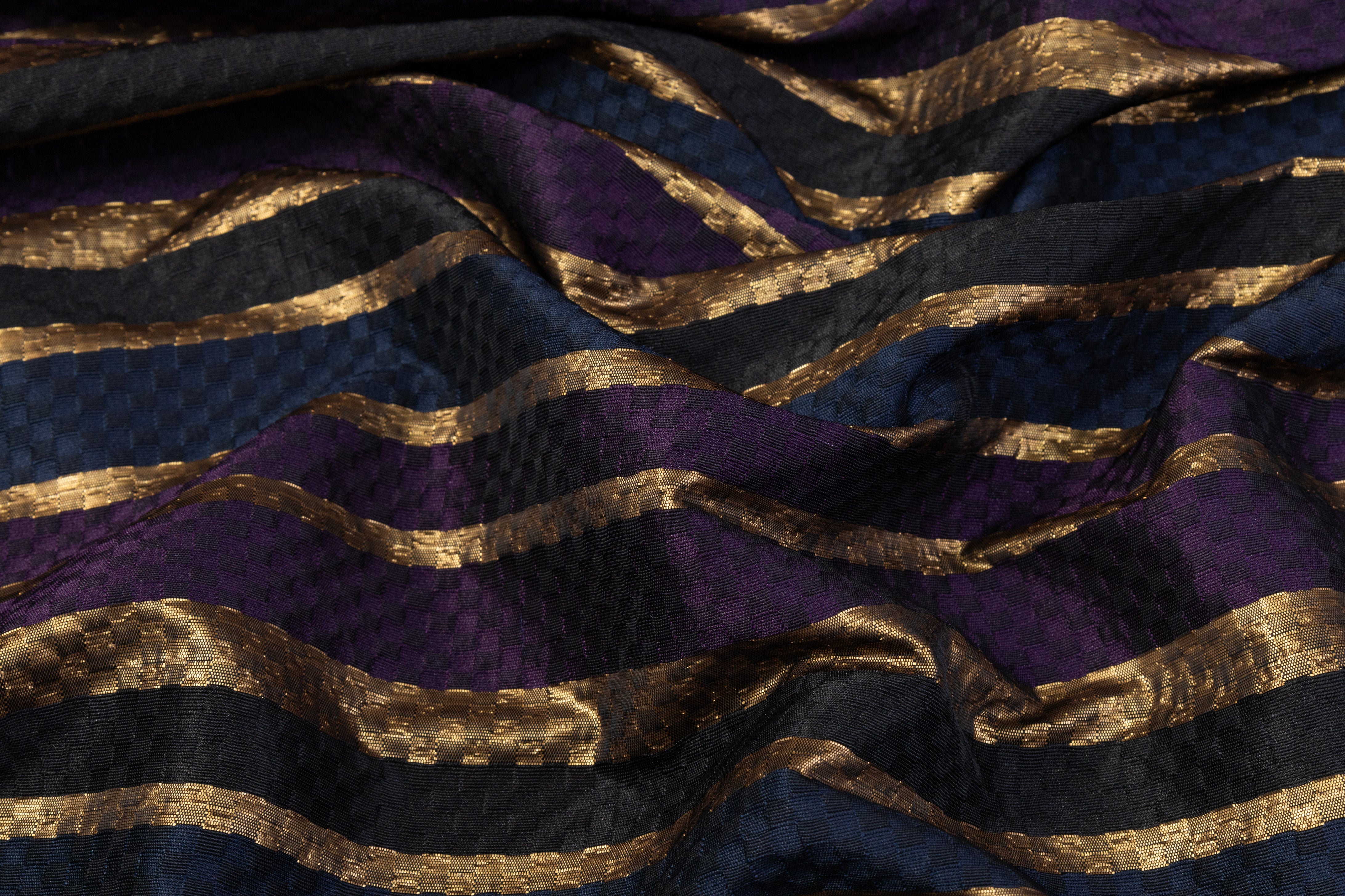 Checked Metallic Italian Brocade - Gold / Navy / Purple
