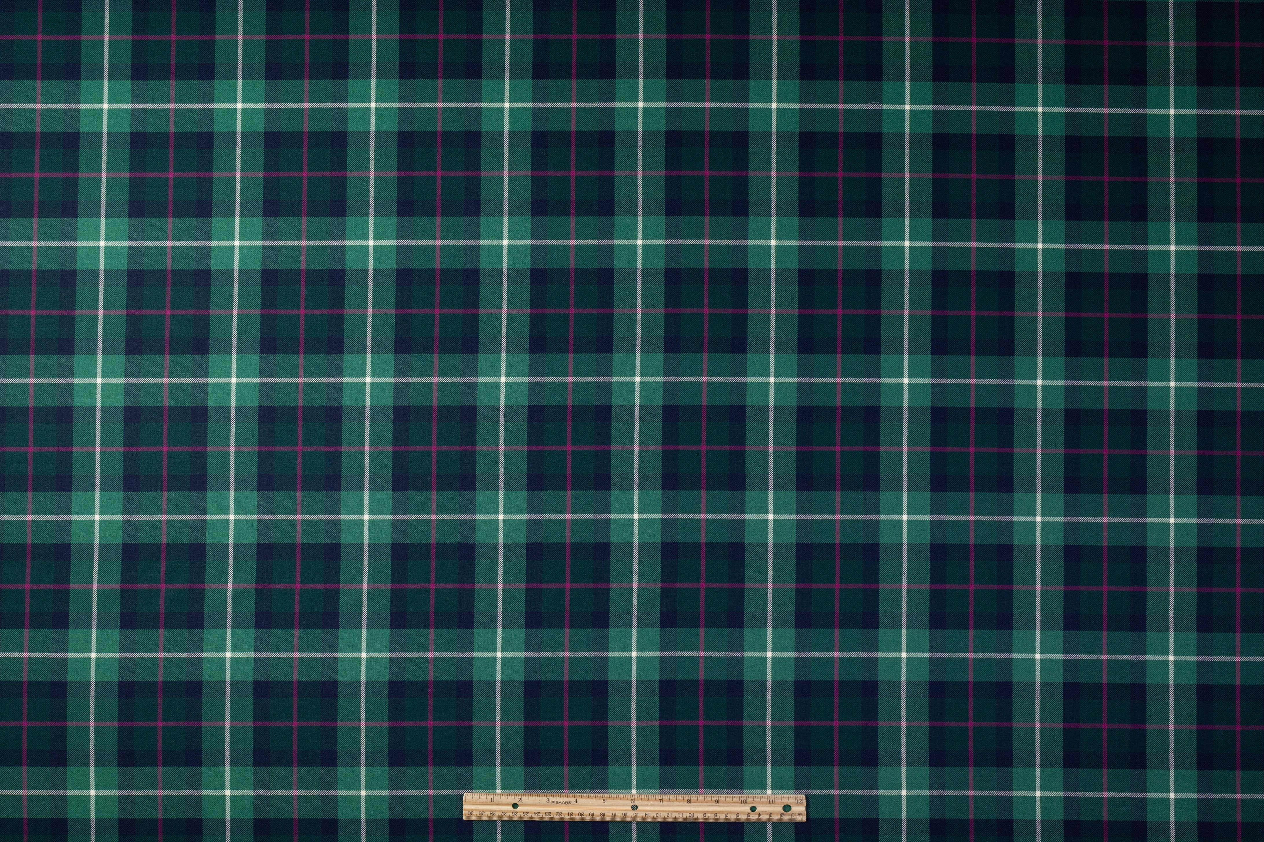 Tartan Italian Wool Suiting - Green / Fucshia / Navy