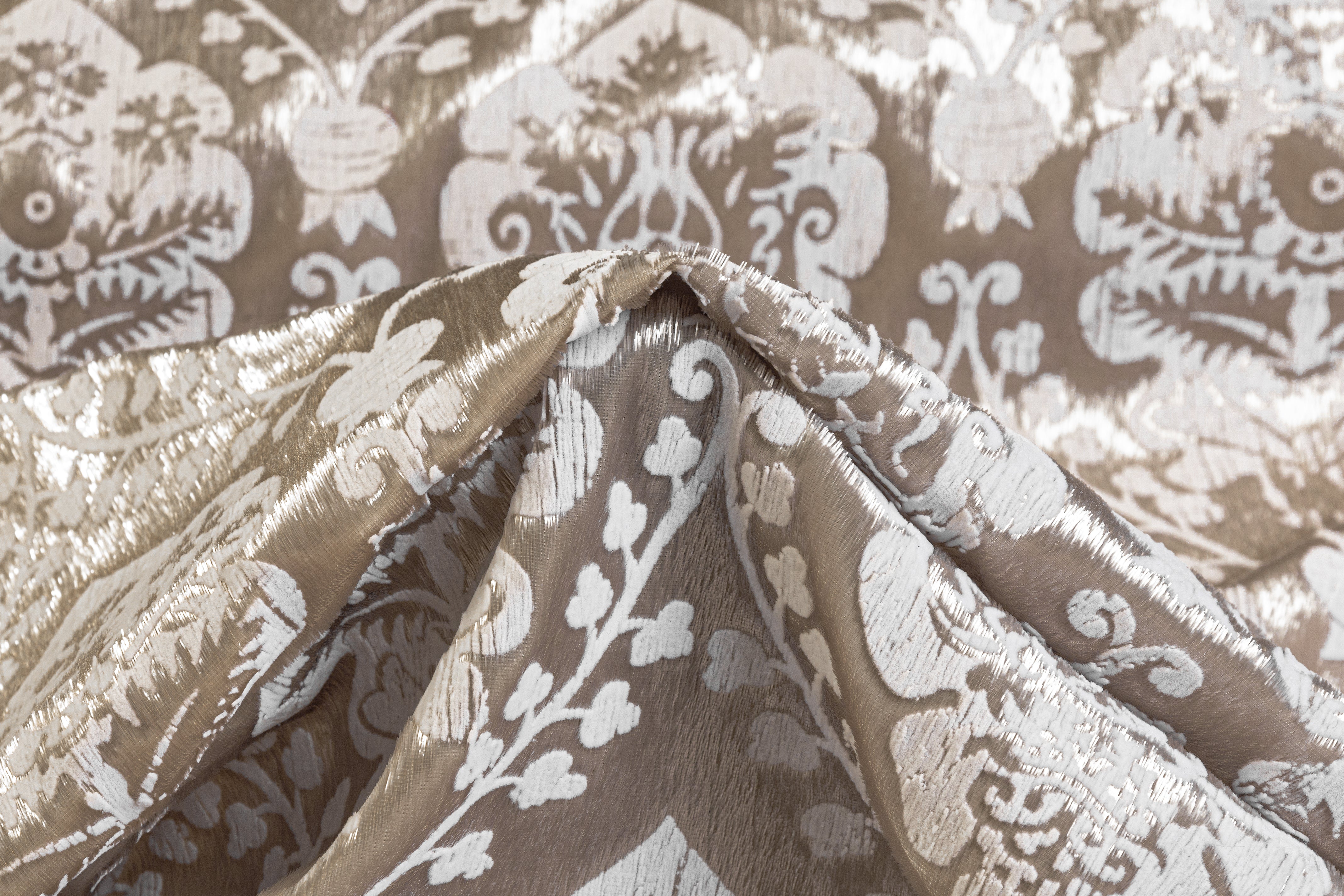 Damask Flocked Metallic Italian Velvet - Taupe / White