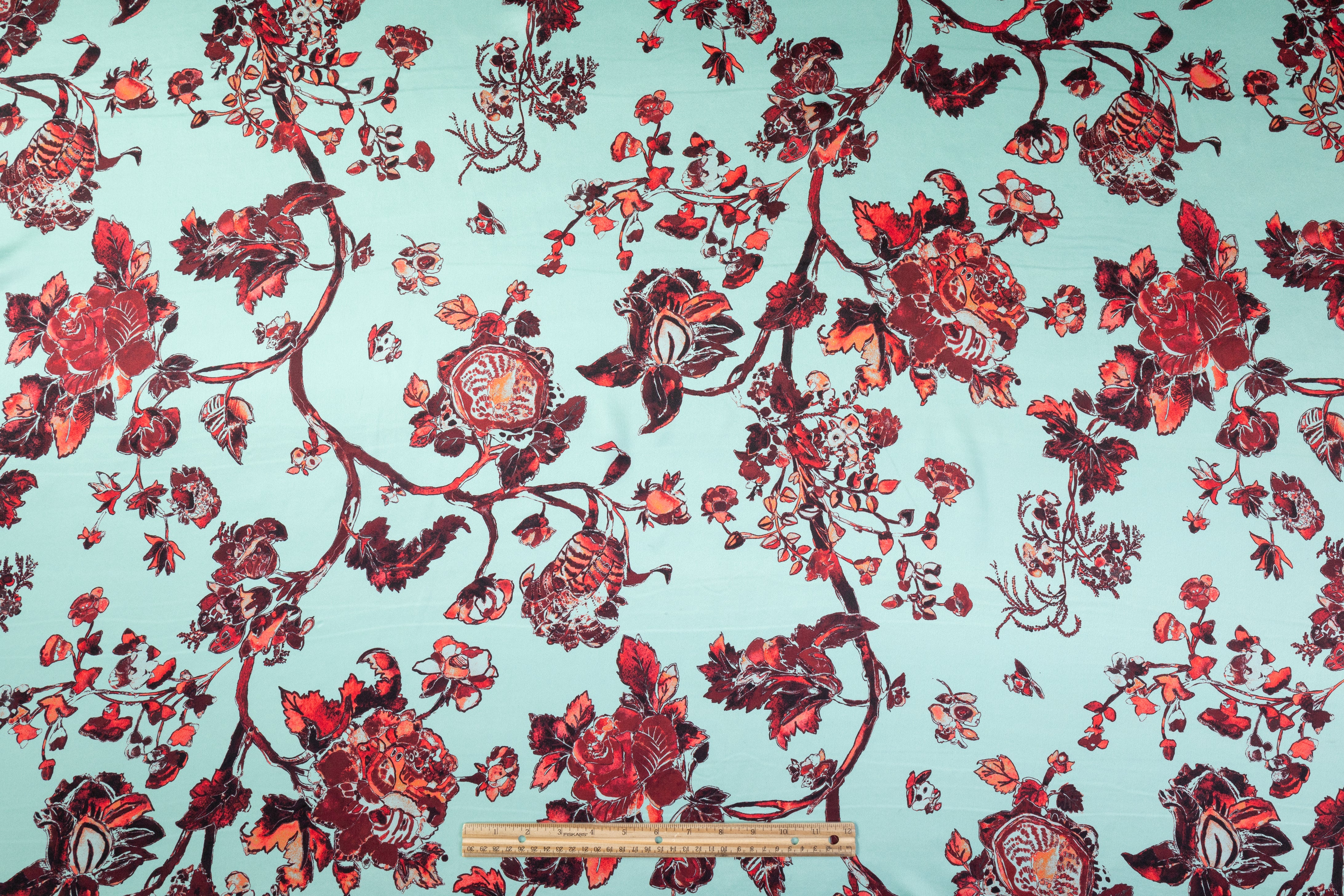 Floral Italian Silk Charmeuse - Green / Maroon