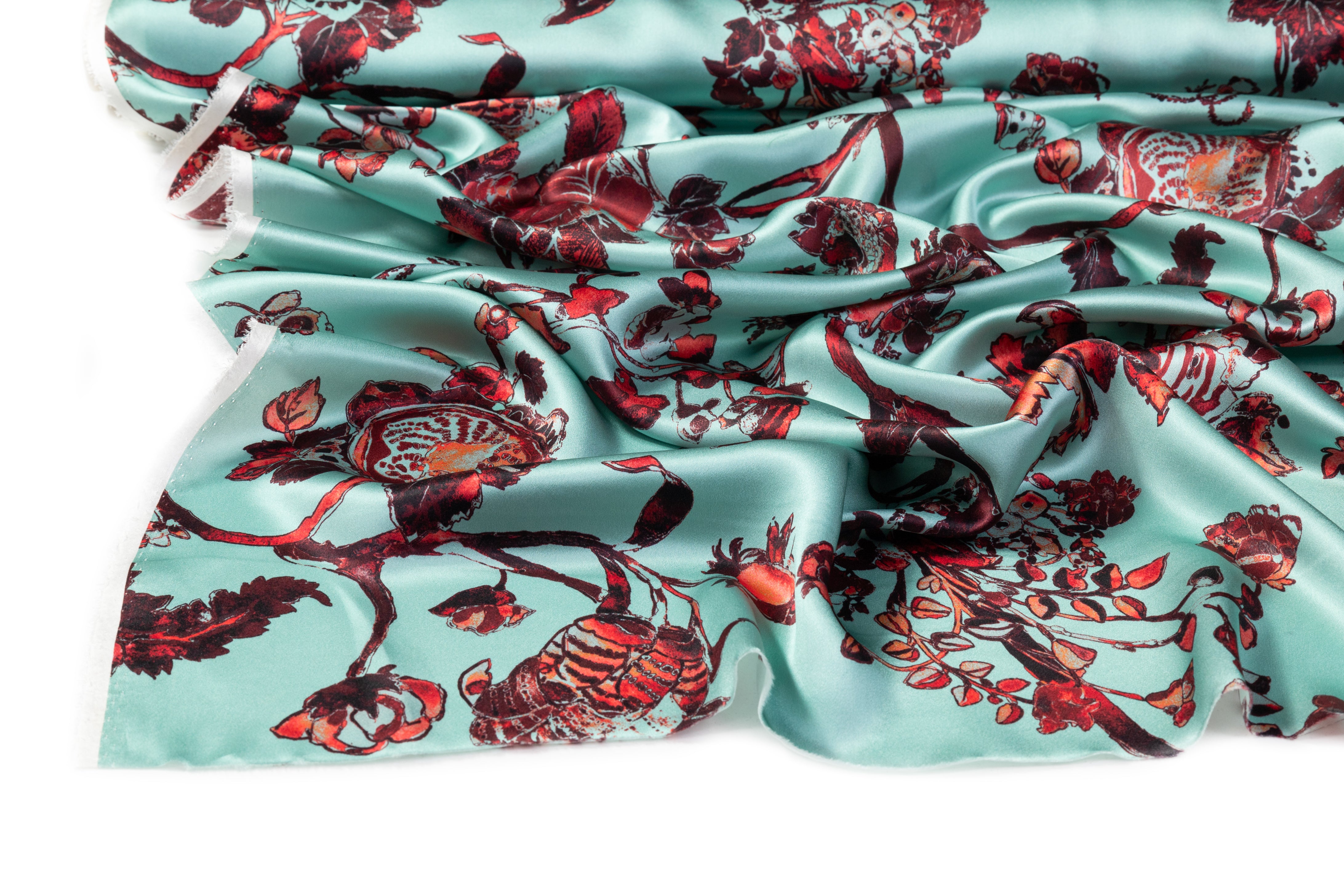 Floral Italian Silk Charmeuse - Green / Maroon