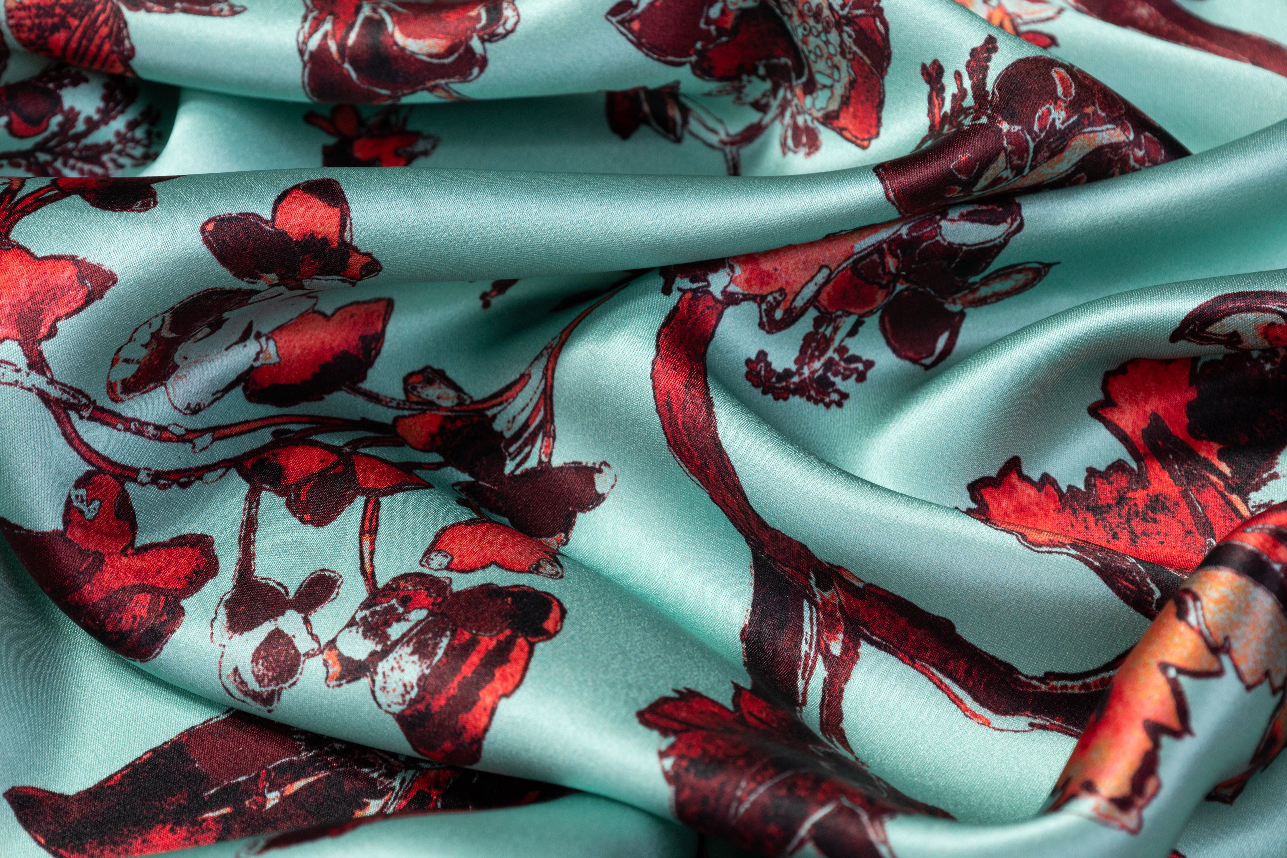 Floral Italian Silk Charmeuse - Green / Maroon