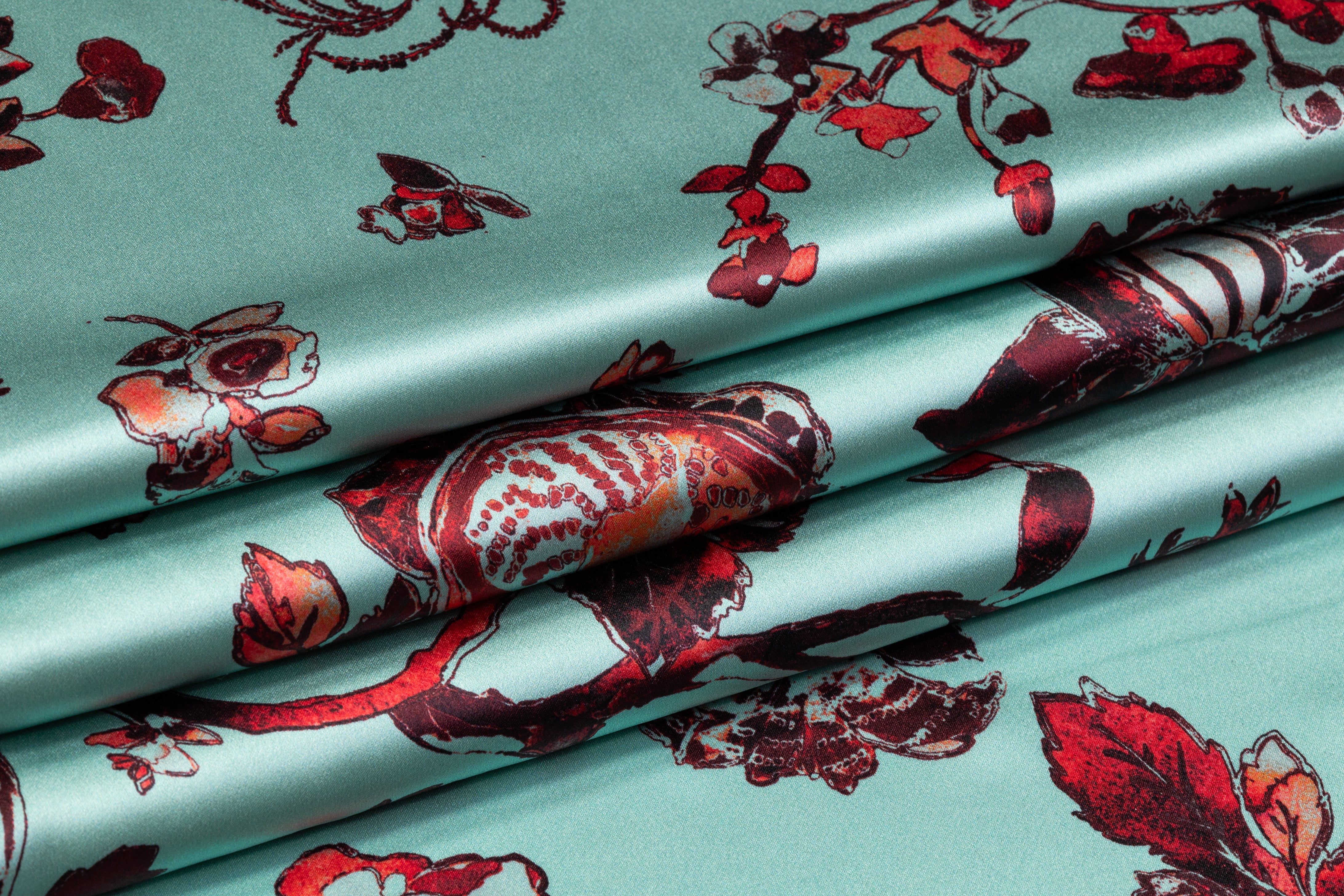 Floral Italian Silk Charmeuse - Green / Maroon