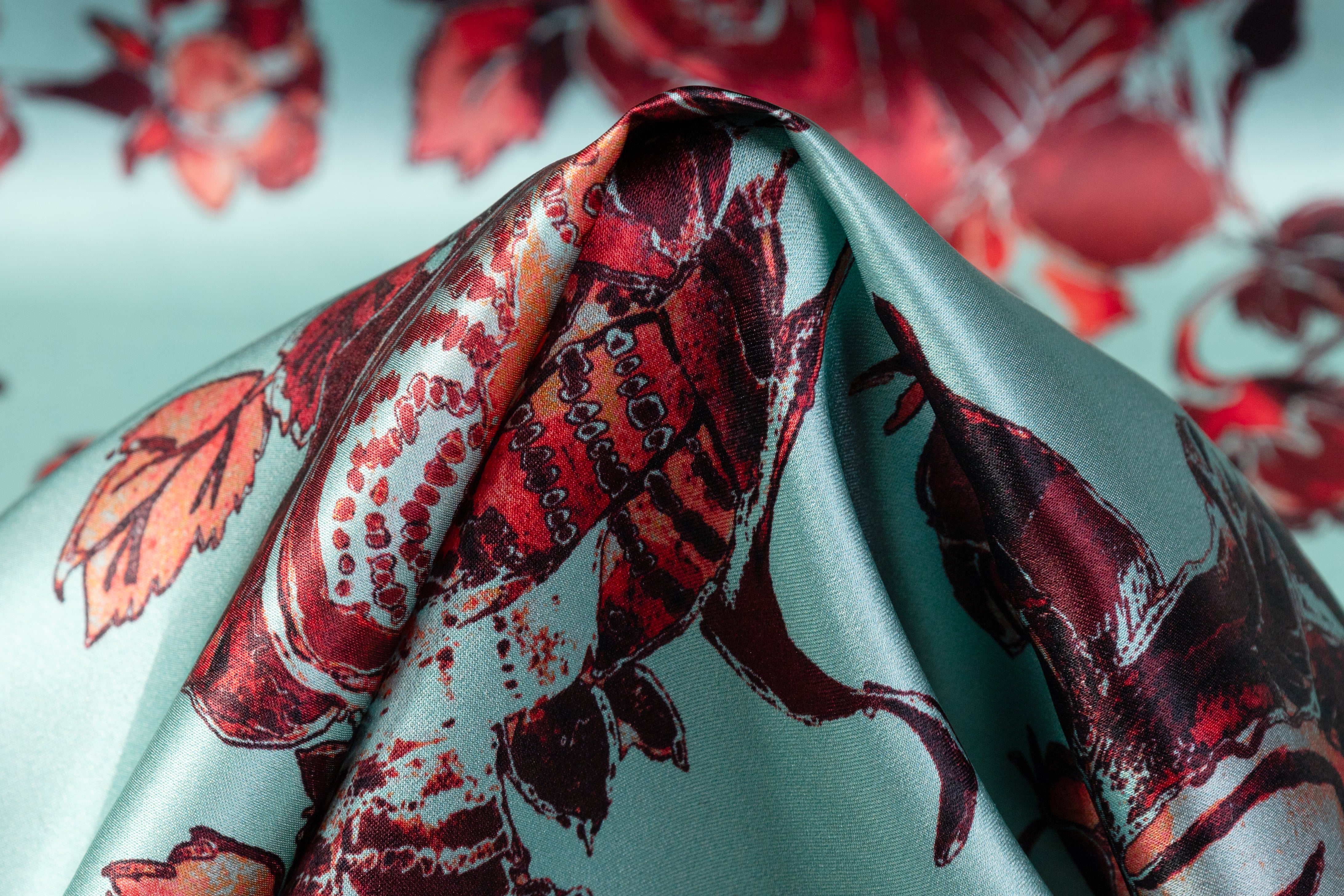 Floral Italian Silk Charmeuse - Green / Maroon