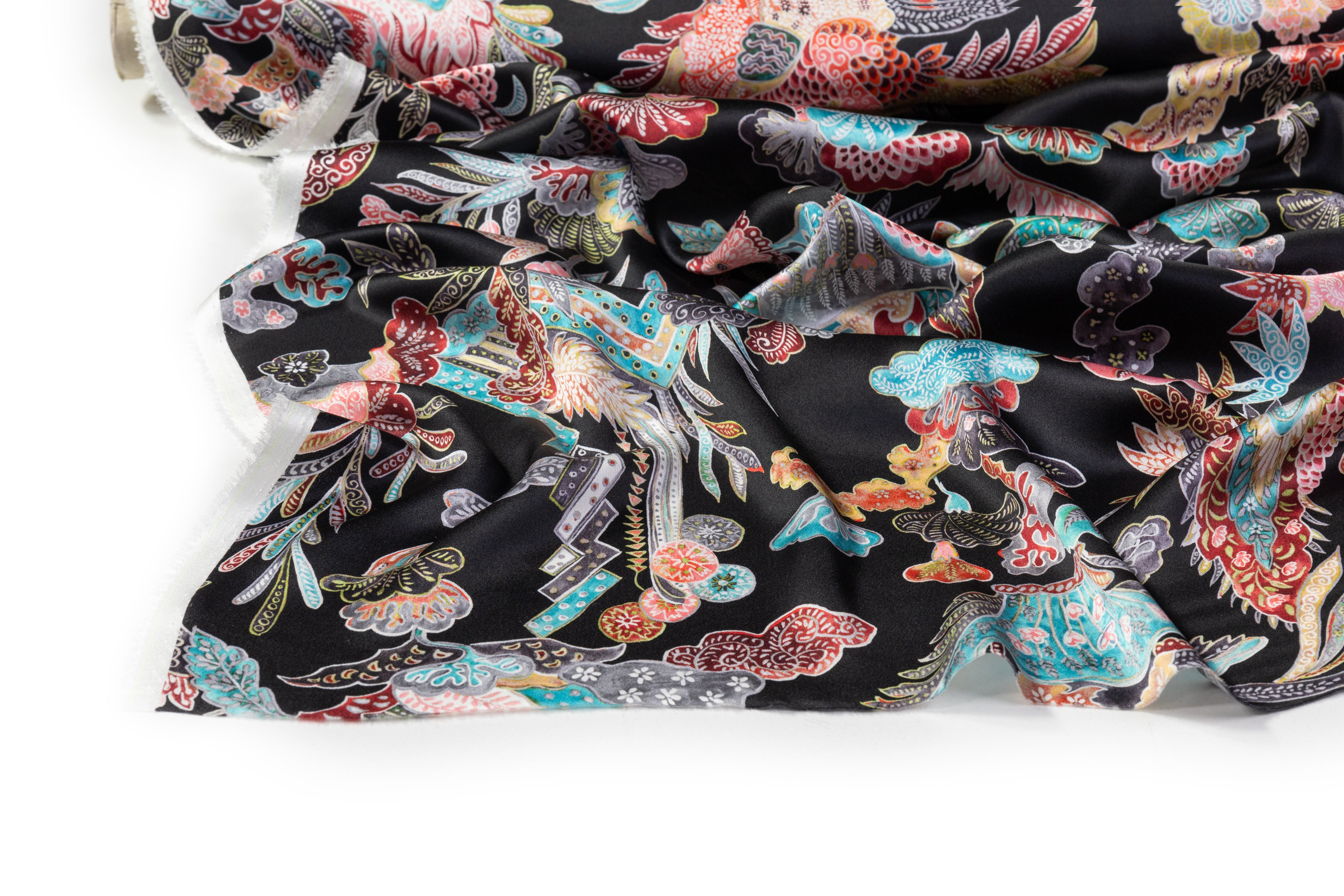 Floral Italian Silk Charmeuse - Black / Multicolor