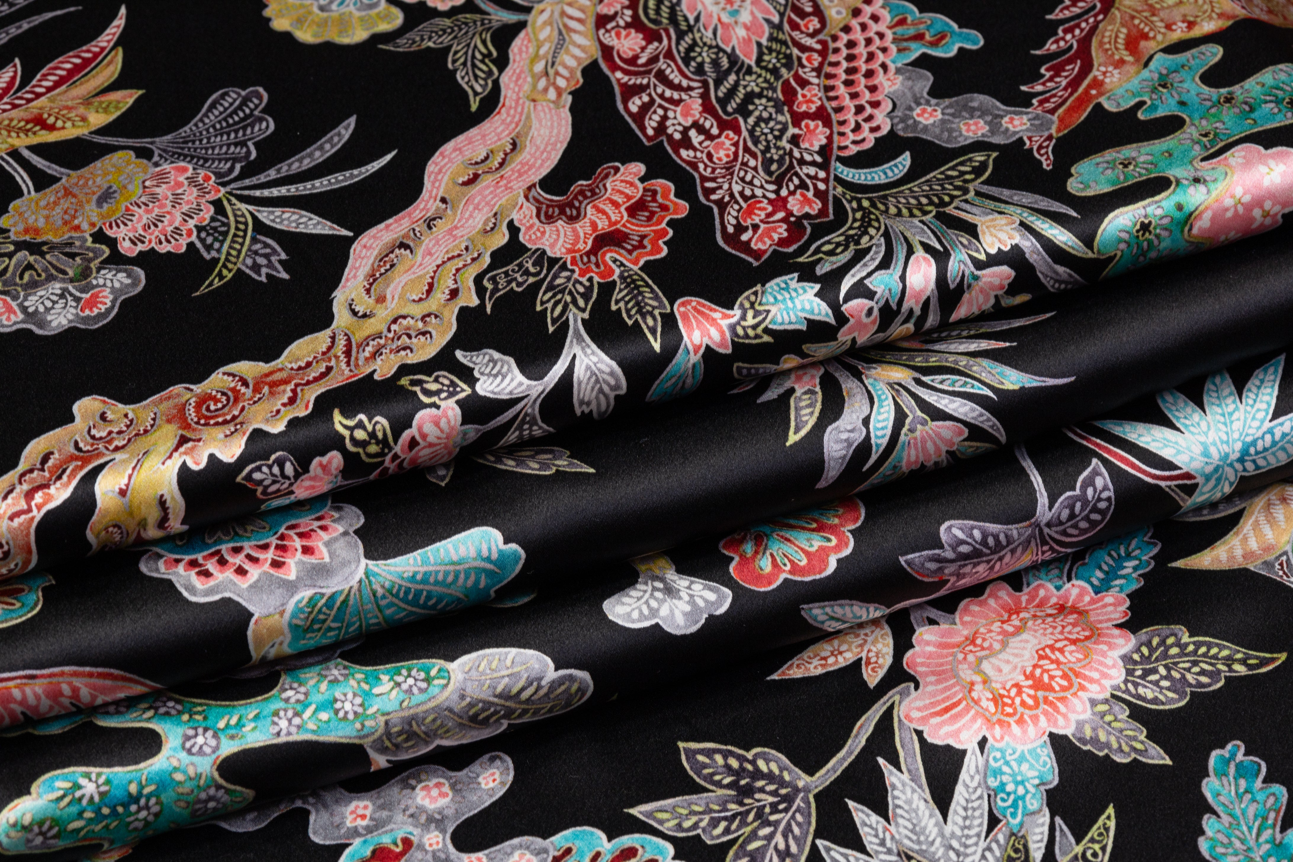 Floral Italian Silk Charmeuse - Black / Multicolor