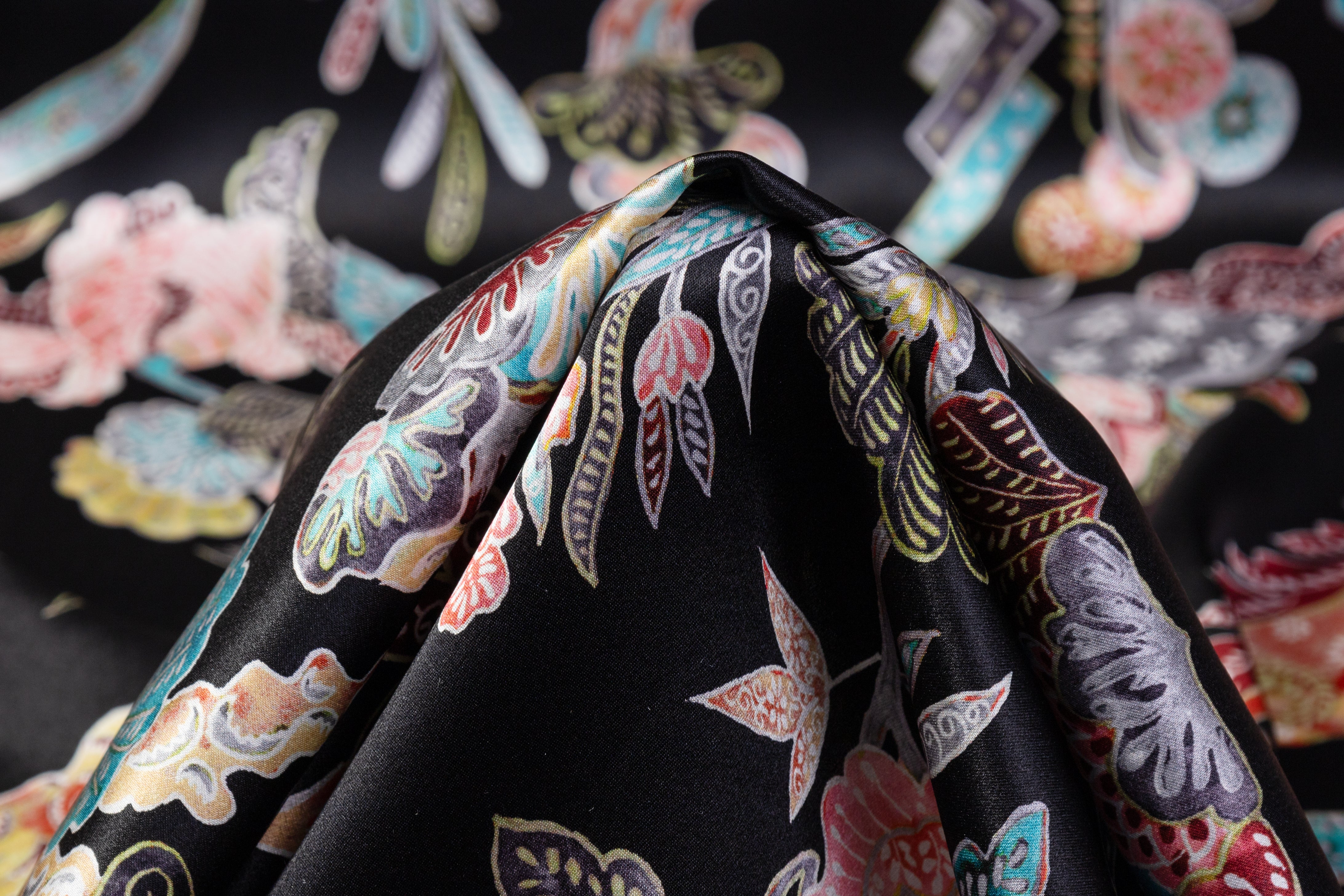 Floral Italian Silk Charmeuse - Black / Multicolor