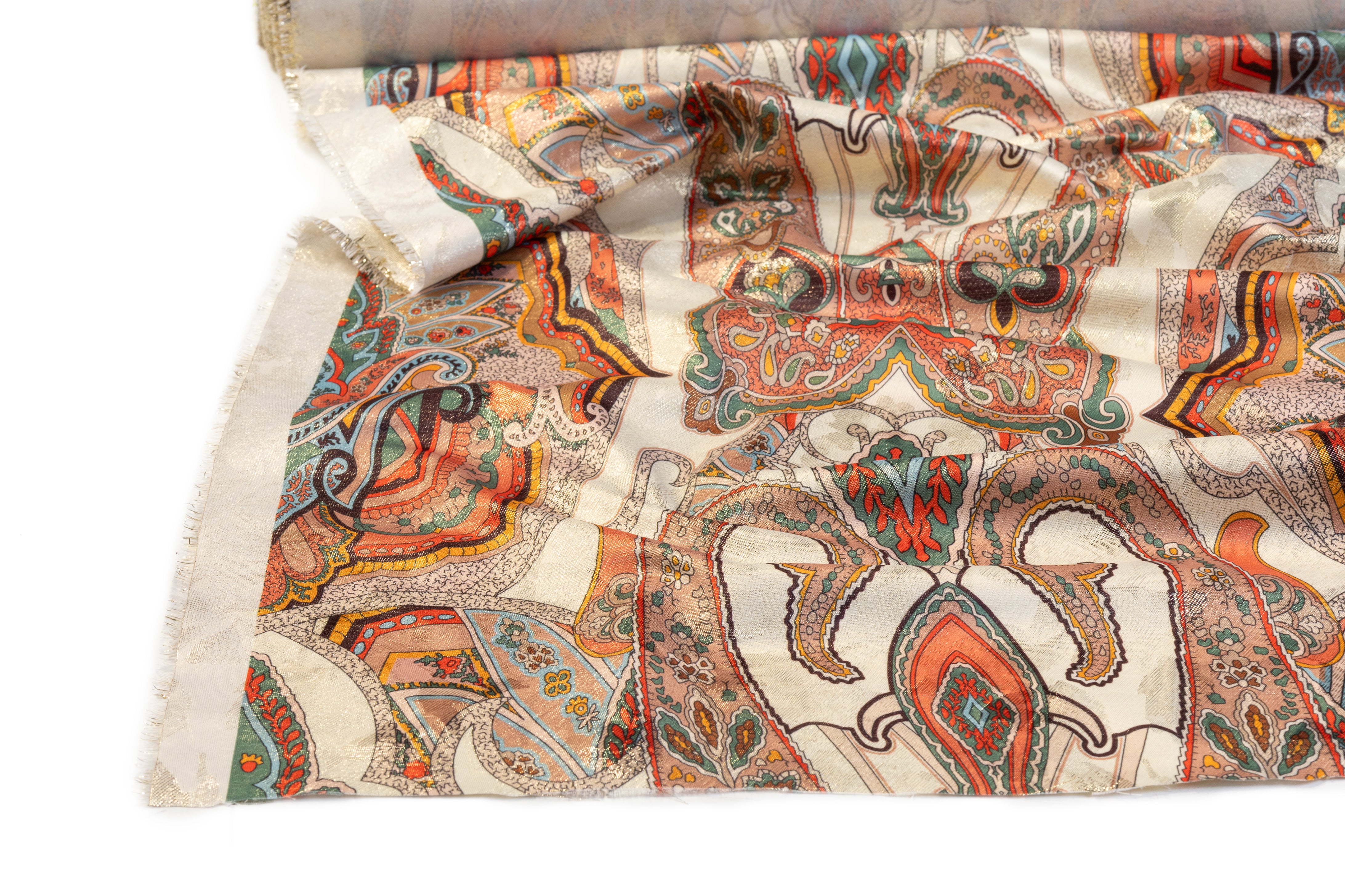 Printed Italian Metallic Jacquard - Gold / Green / Coral