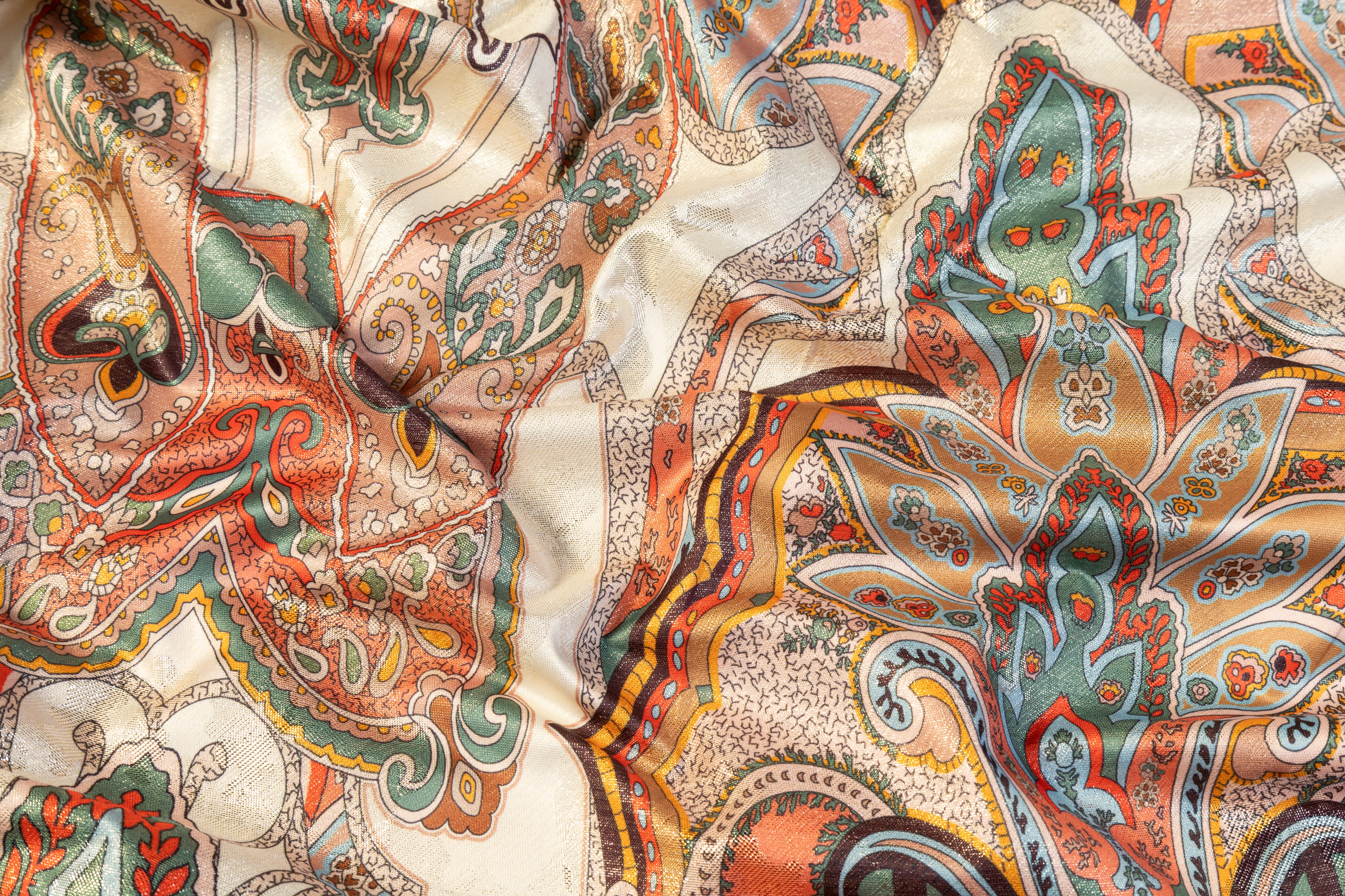Printed Italian Metallic Jacquard - Gold / Green / Coral
