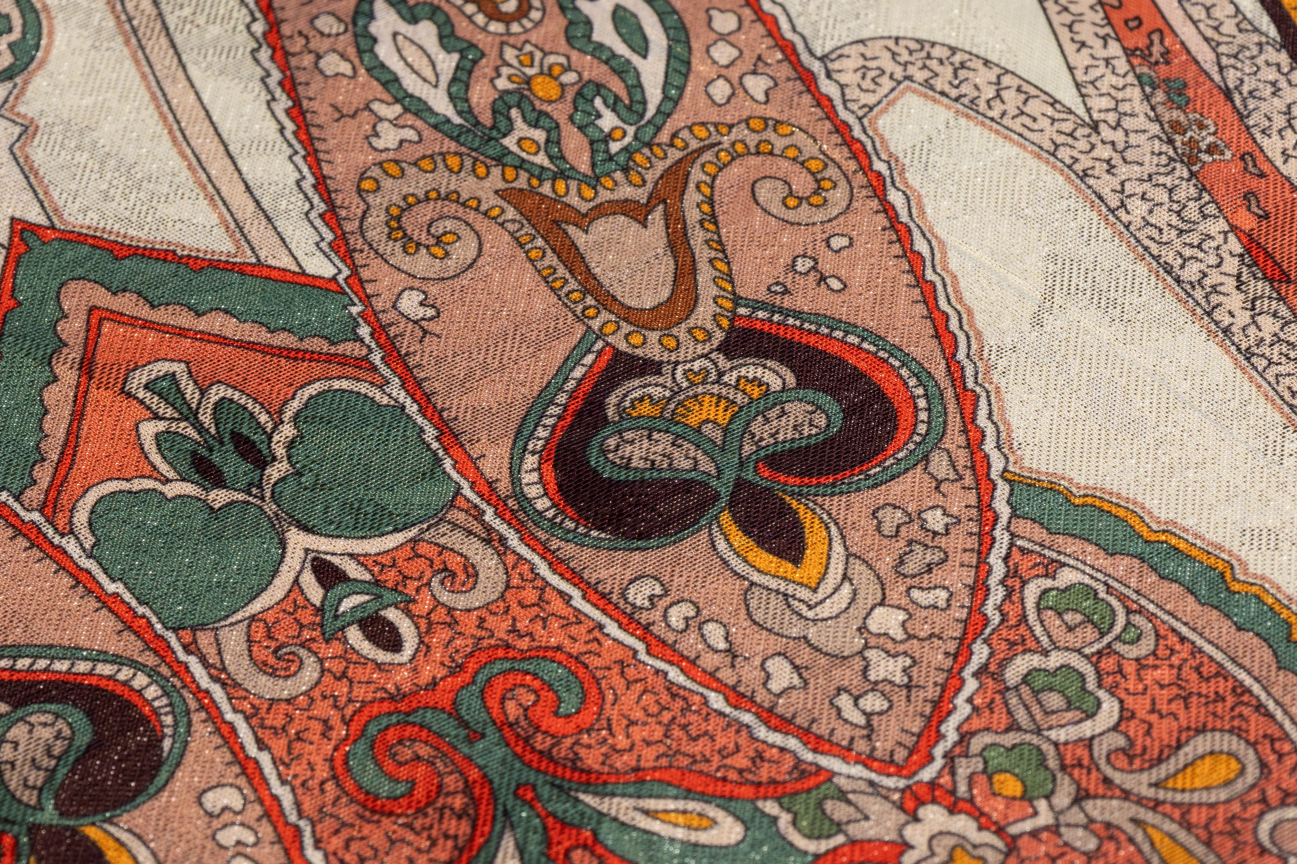 Printed Italian Metallic Jacquard - Gold / Green / Coral